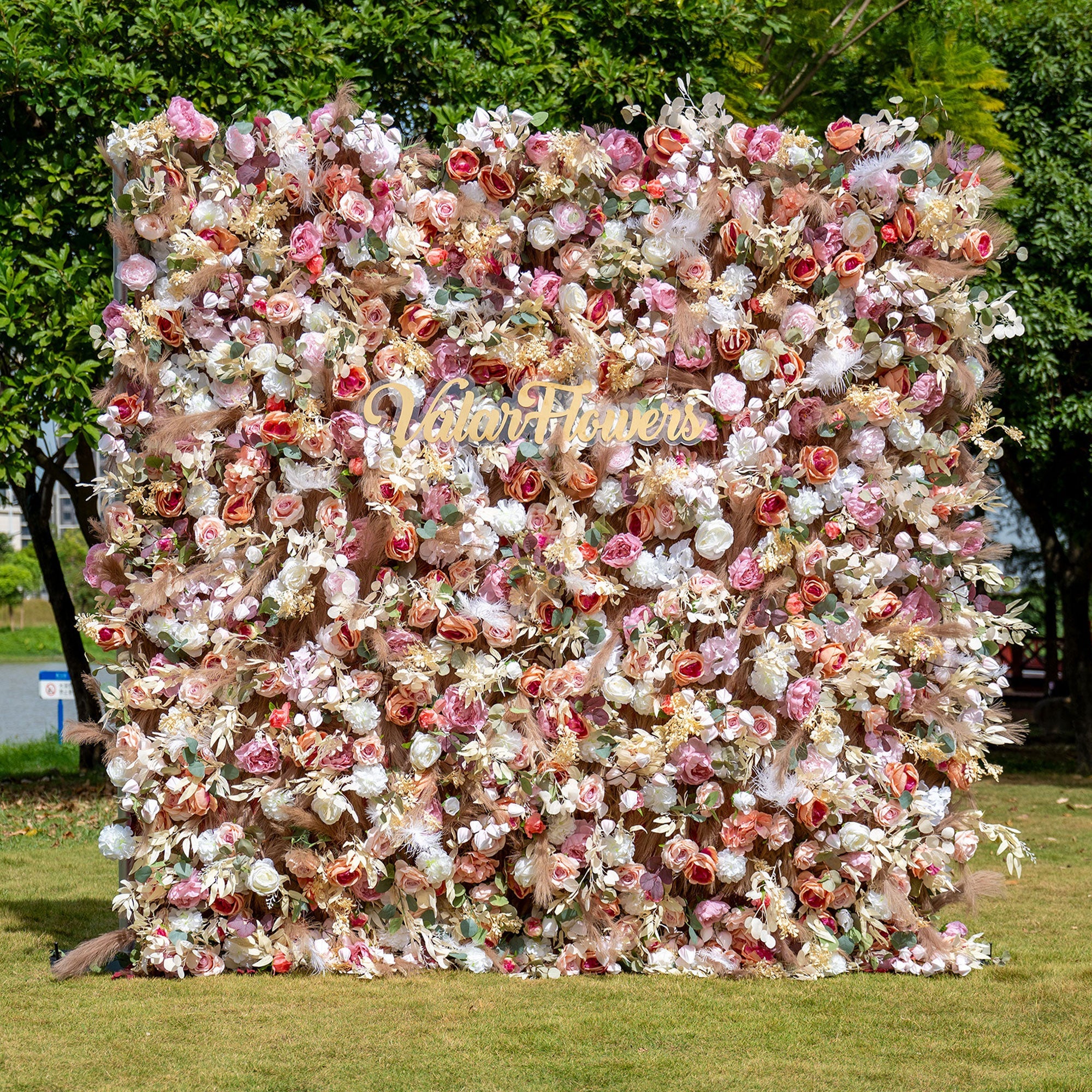 Valar Flowers artificial flower wall backdrop. This dense, elegant floral display is perfect for weddings, events, and photography backdrops, adding sophistication to any celebration.