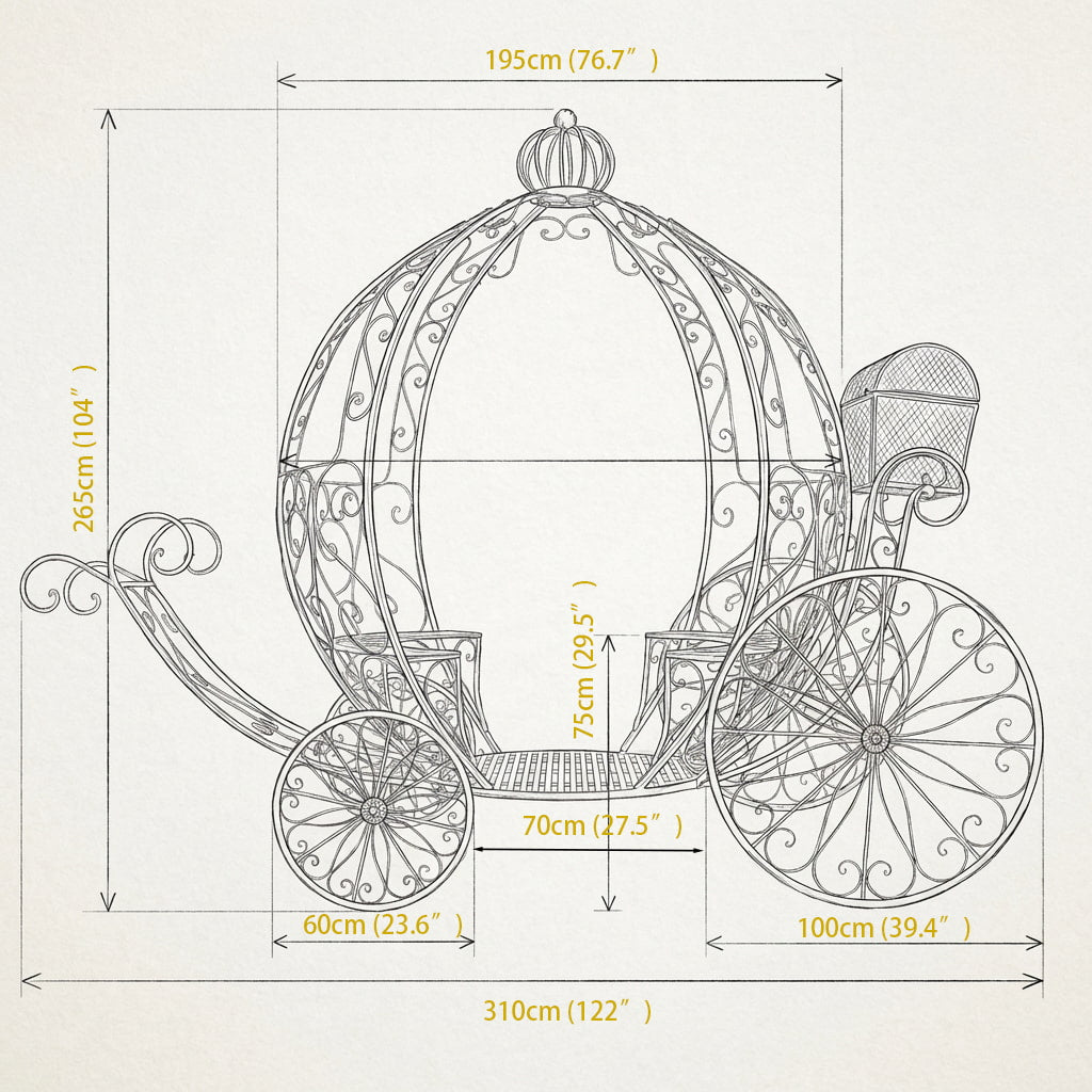 This technical line drawing details the dimensions of an ornate Cinderella-style wrought iron carriage, with a 310cm (122") overall length, 265cm (104") height, and 195cm (76.7") width. It features intricate scrollwork, a pumpkin-shaped dome, 60cm (23.6") and 100cm (39.4") wheels, and a 75cm (29.5") seat height, ideal for wedding backdrops, photo booths, garden decor, and luxury event styling, showcasing durable, decorative metal construction for fairy-tale event displays.