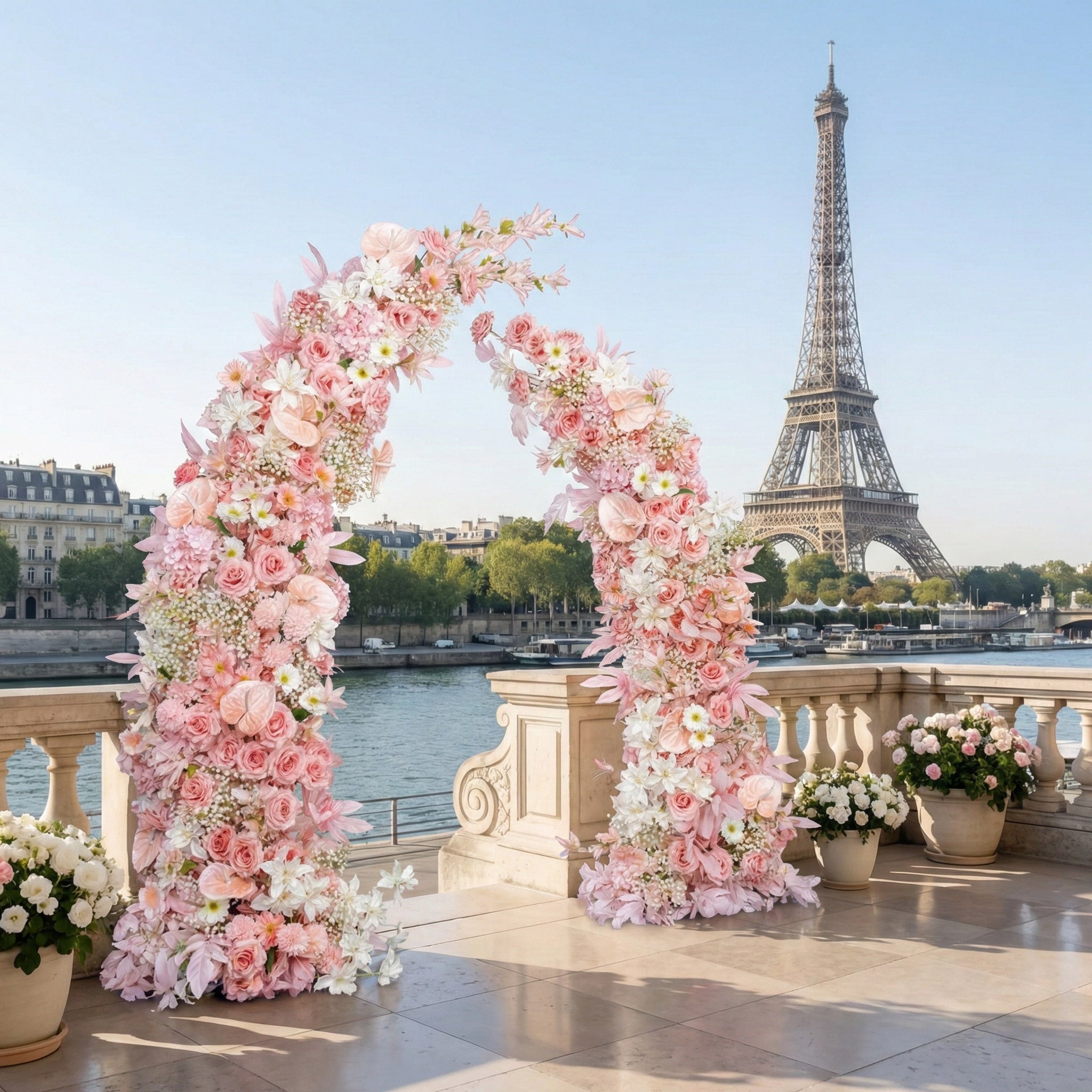 This elegant floral arch from Valar Flowers is a lush, cascading arrangement of soft pink, blush, and white blooms—including roses, peonies, and delicate sprigs—interwoven with vibrant green foliage. Set against the iconic Eiffel Tower and the Seine River in Paris, it creates a romantic, timeless atmosphere ideal for destination weddings, engagement shoots, or unforgettable celebrations.