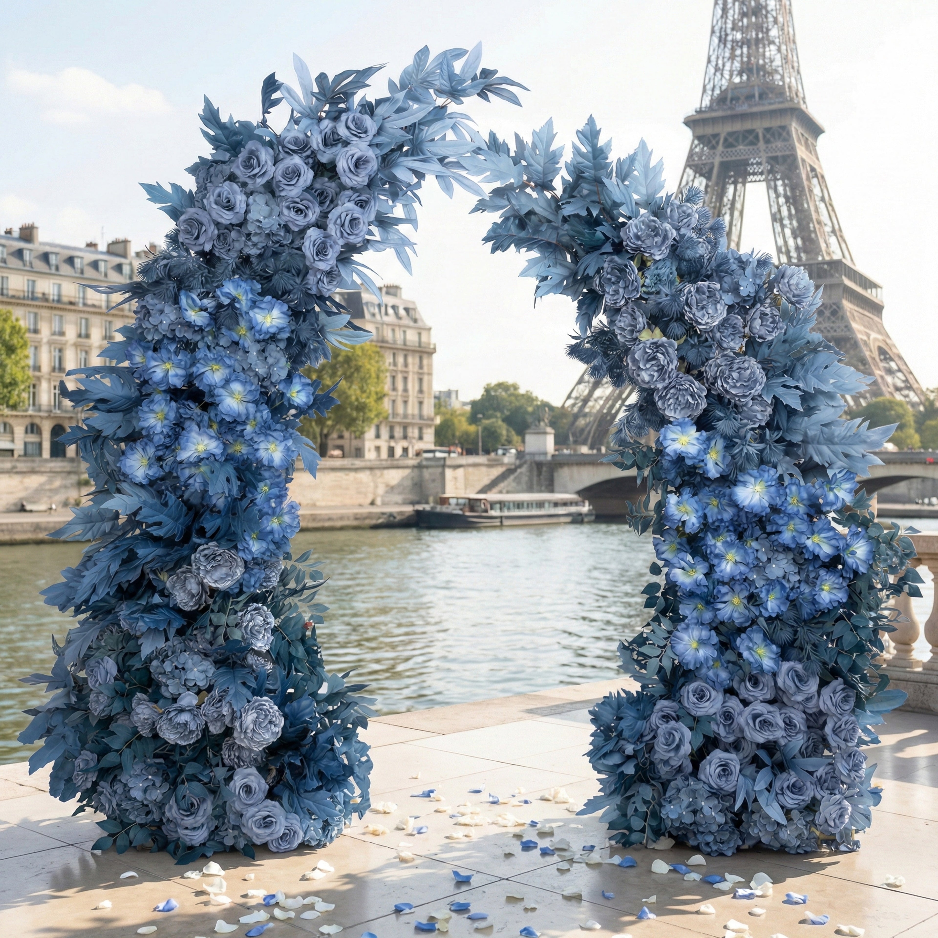 Stunning blue floral archway set on a Parisian riverbank terrace with the iconic Eiffel Tower glimmering in the background. Lushly arranged with gradient blue roses, hydrangeas, and delicate white blooms with yellow centers, scattered blue flower petals on the stone floor enhance the romantic, dreamy atmosphere, perfect for luxury weddings and photoshoots.