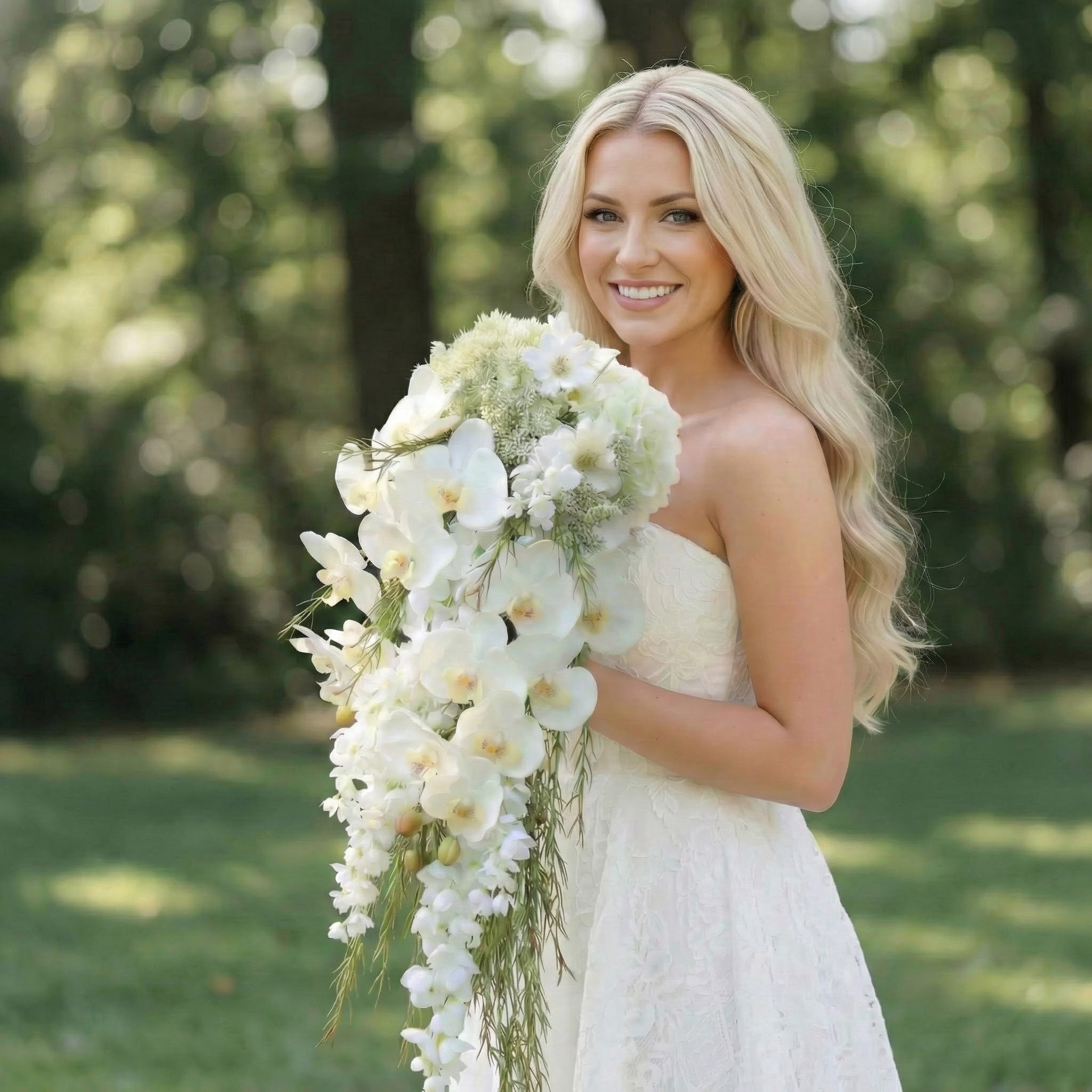 This radiant bride stands outdoors on a lush green lawn, framed by soft, sun-dappled trees. She wears a strapless, lace-patterned white wedding gown, her long, wavy blonde hair cascading over one shoulder. In her arms, she holds a dramatic, cascading bouquet of white orchids, delicate baby’s breath, and trailing greenery, its flowing shape complementing her elegant silhouette. Her warm, joyful smile exudes timeless romance and bridal grace, capturing a perfect moment of pre-wedding bliss.