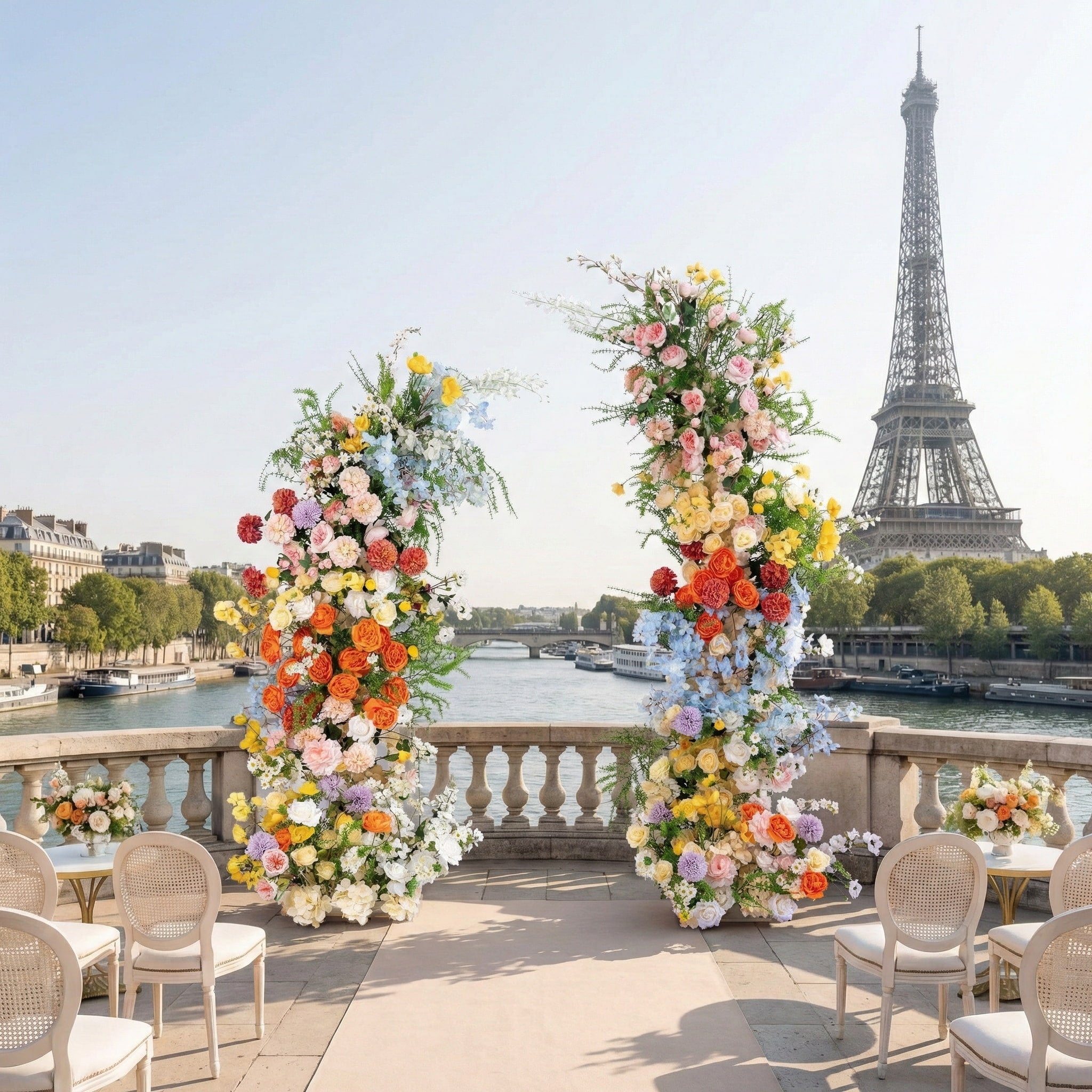 This is a stunning, asymmetrical floral arch from **Valar Flowers**, adorned with a vibrant mix of pink, white, yellow, orange, red, and blue blooms, complemented by lush greenery. Set on a Parisian riverside terrace with the iconic Eiffel Tower in the background, it creates a romantic, elegant, and picturesque setting ideal for wedding ceremonies, photo shoots, or special events.