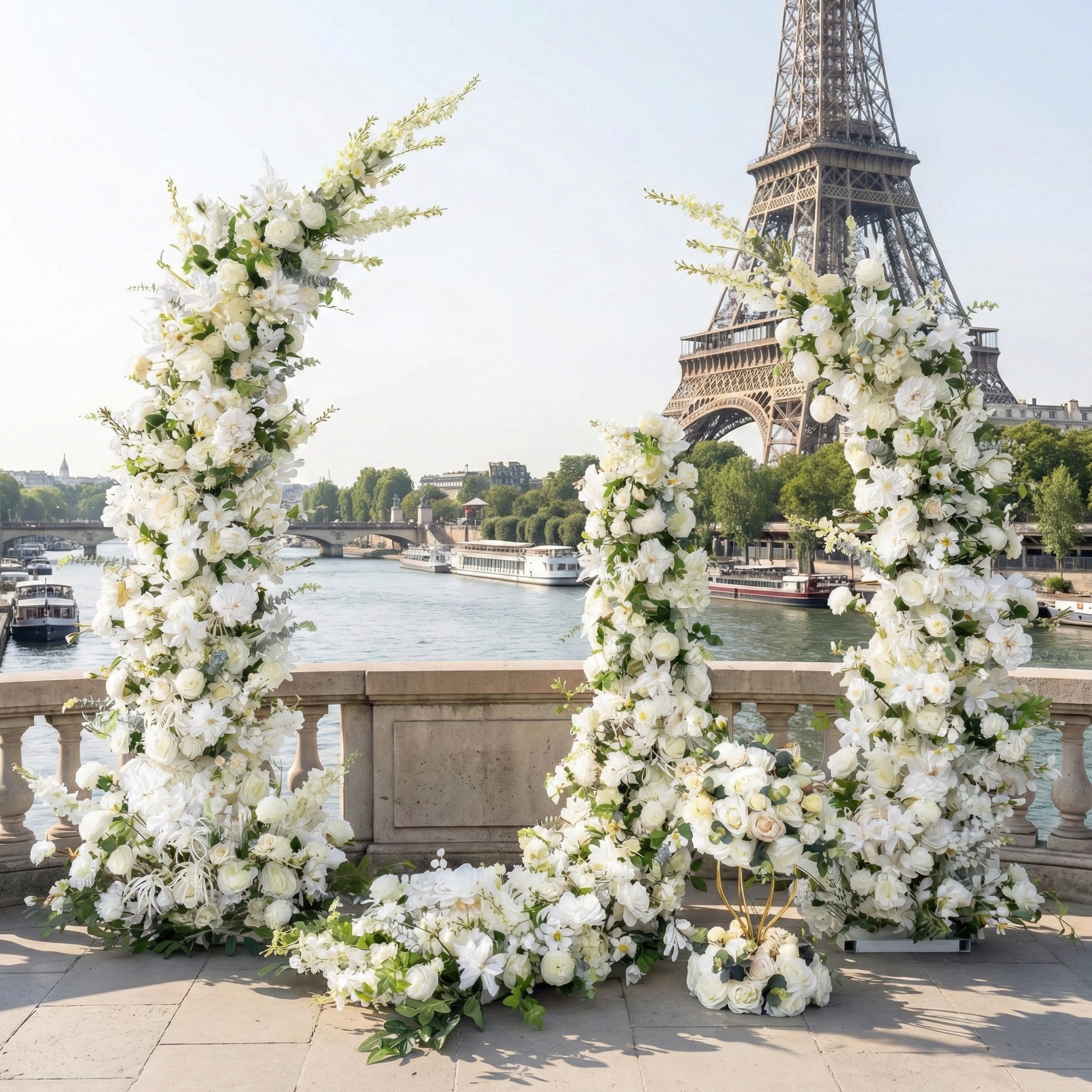 This elegant floral arch from Valar Flowers is a lush, cascading arrangement of pure white blooms—including roses, peonies, and delicate sprigs—interwoven with vibrant green foliage. Set against the iconic Eiffel Tower and the Seine River in Paris, it creates a romantic, timeless atmosphere ideal for destination weddings, engagement shoots, or unforgettable celebrations.