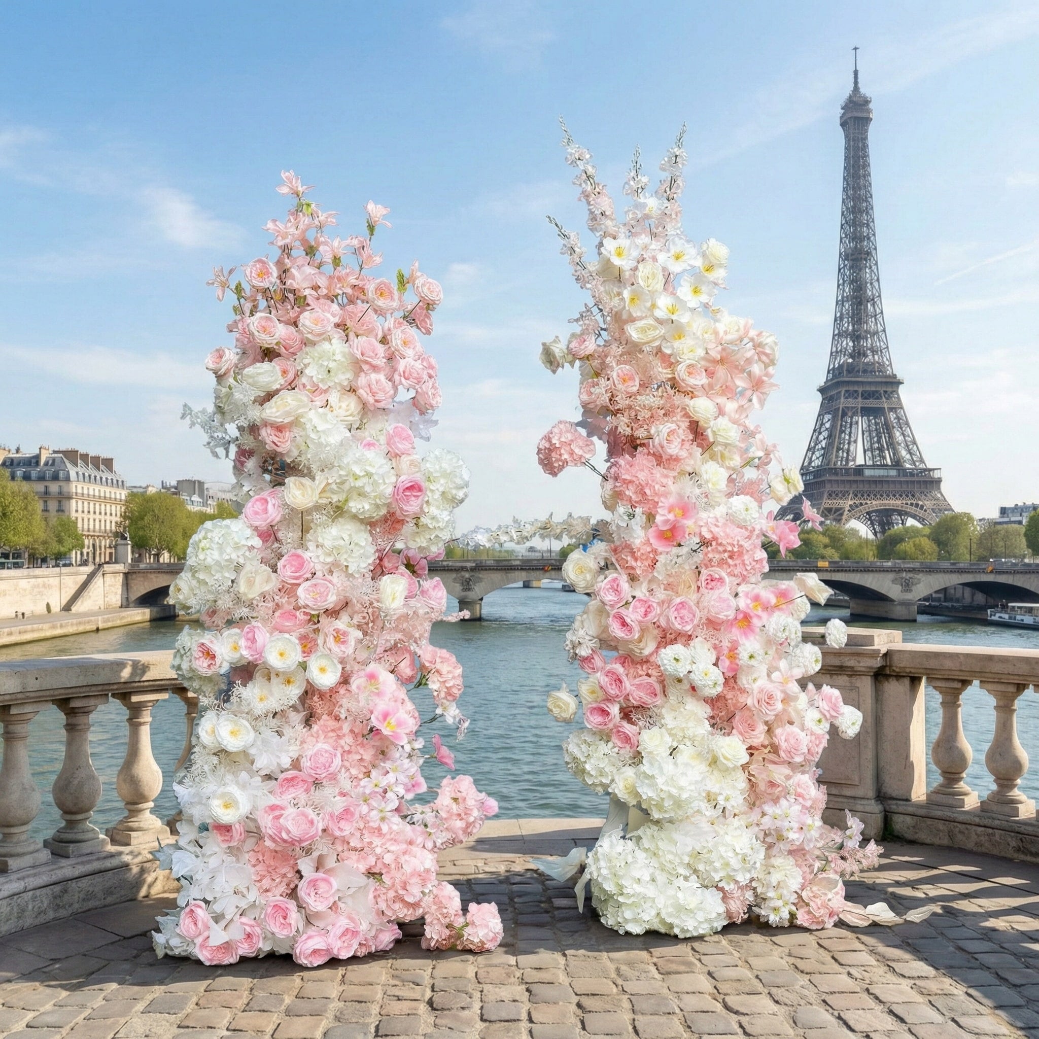 An elegant asymmetrical floral arch from **Valar Flowers**, featuring a soft gradient of blush pink and pure white blooms, including roses and hydrangeas. Set on a Parisian stone terrace with the Eiffel Tower and Seine River in the background, it creates a dreamy, romantic backdrop perfect for luxury weddings and editorial photo shoots.