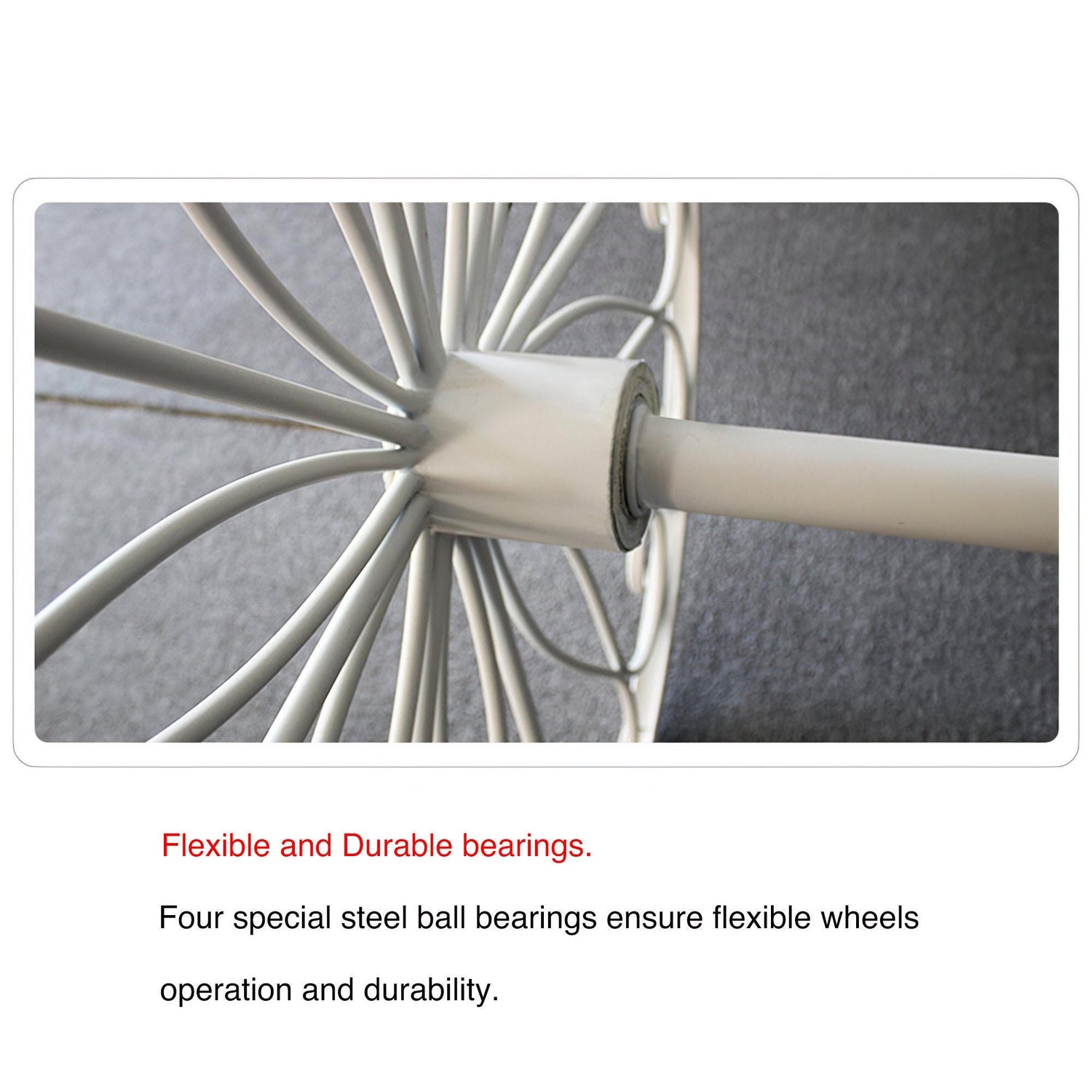 A close-up of a carriage wheel with flexible and durable bearings. Ideal for event decor like weddings. From ValarFlowers.