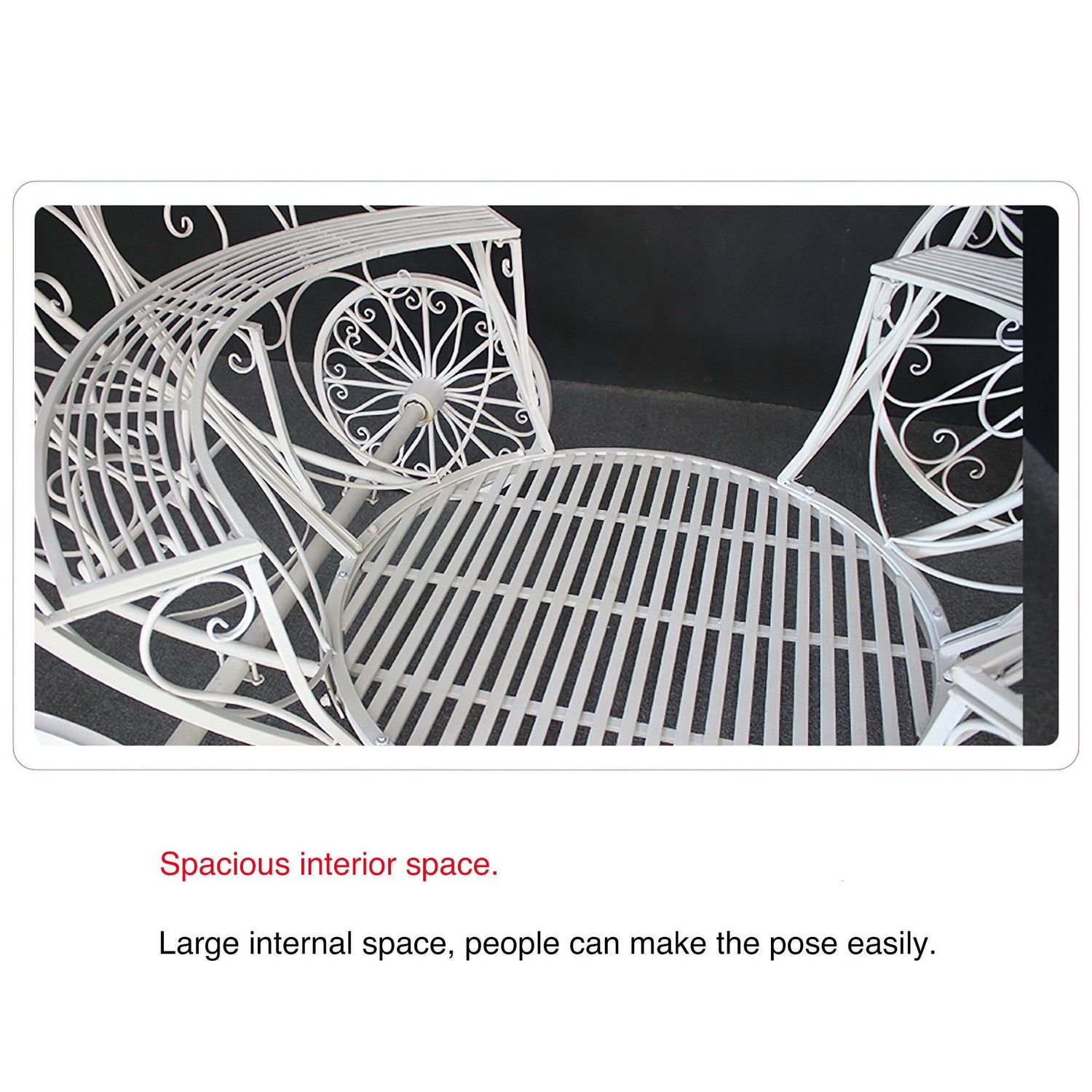 A white metal carriage with spacious interior space from ValarFlowers. Its large internal area allows people to pose easily, making it ideal for photo shoots and event decor.