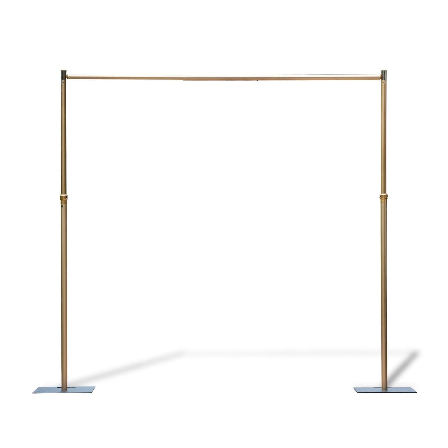 This image features a minimalist metal frame structure with a rectangular shape. The frame is composed of two vertical poles connected by a horizontal cross - bar, all in a metallic gold finish. It stands on flat, square bases, likely for stability. There are no flowers present in this image, so there are no kinds of flowers, colors, or floral styles to describe. The overall style is simple and industrial, suitable as a base for decorative elements like floral arrangements.