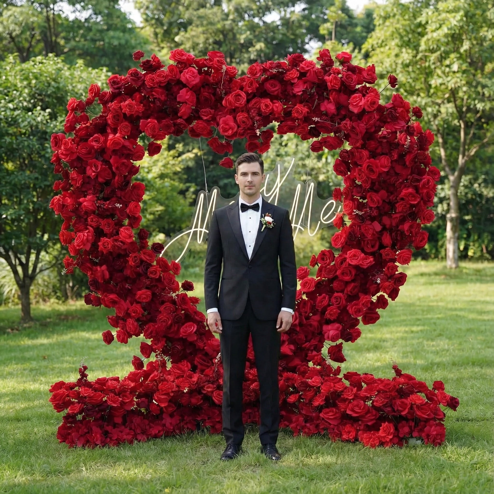 This outdoor scene centers on a man in a sharp black tuxedo (with a boutonnière) standing before a lush, heart-shaped arch of deep red roses. A glowing "Marry Me" neon sign peeks through the blooms, set against green grass and trees. The rich, romantic display exudes passion and elegance, perfect for a proposal setup, wedding photoshoot, or intimate romantic event.
