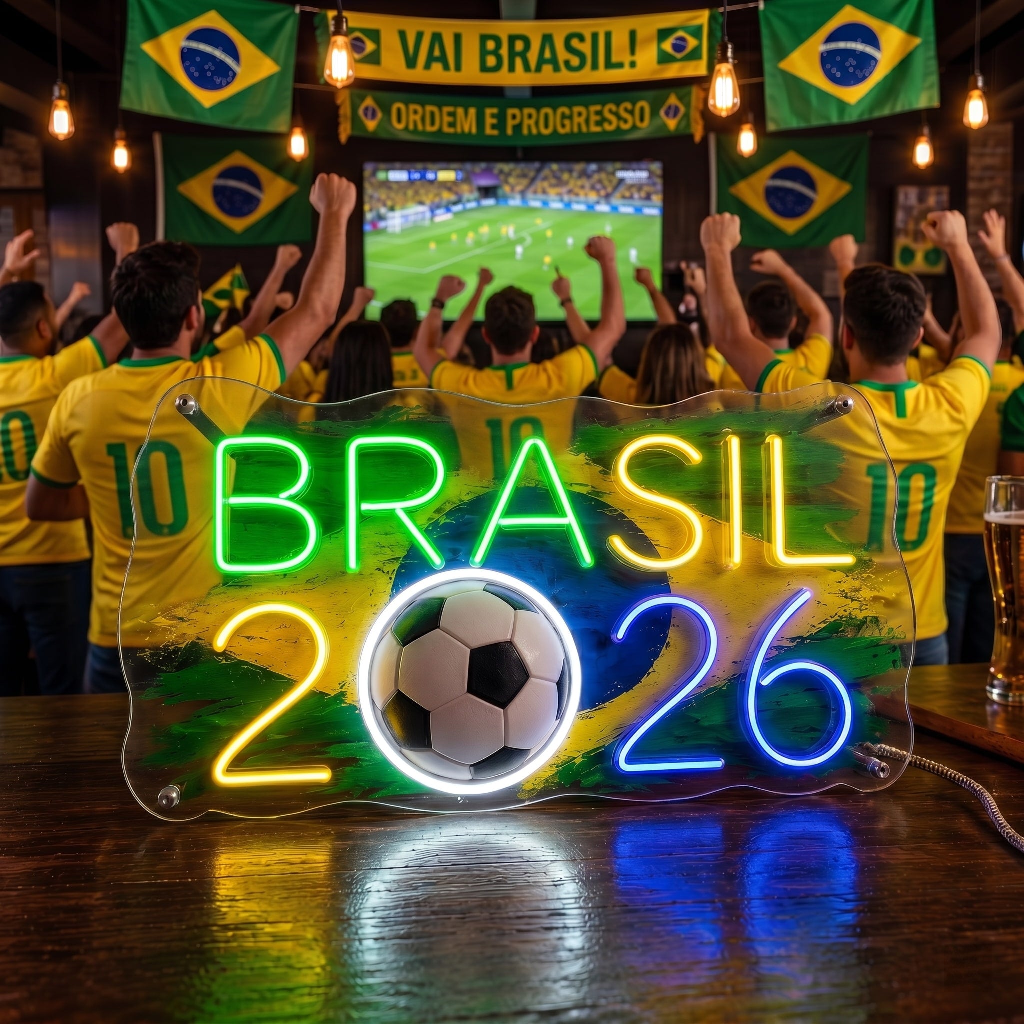 ValarDesigns Brazil LED neon sign Brasil 2026 fan zone bar decor, green-yellow-blue colors