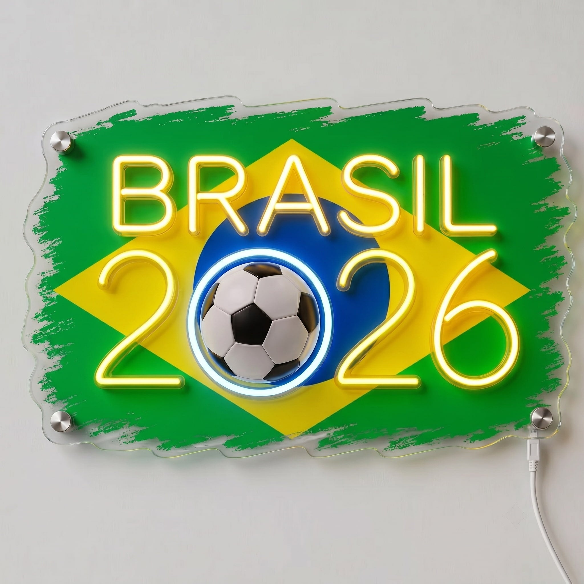 ValarDesigns Brazil LED neon sign Brasil 2026 flag graffiti design, green-yellow-blue neon