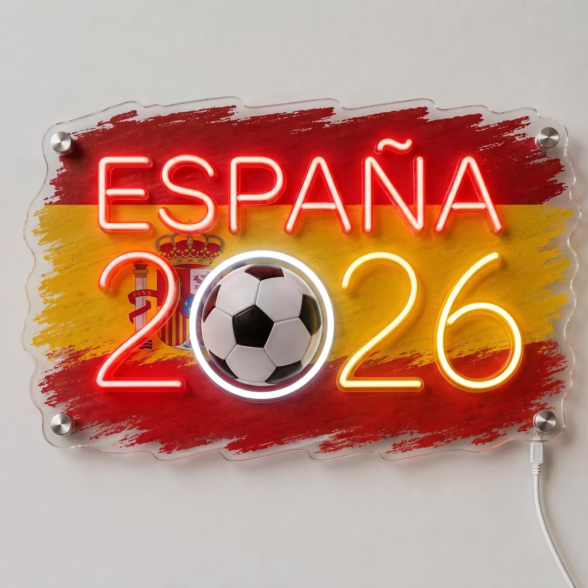 ValarDesigns Spain LED neon sign Espana 2026 flag graffiti, bright red-yellow neon with soccer ball