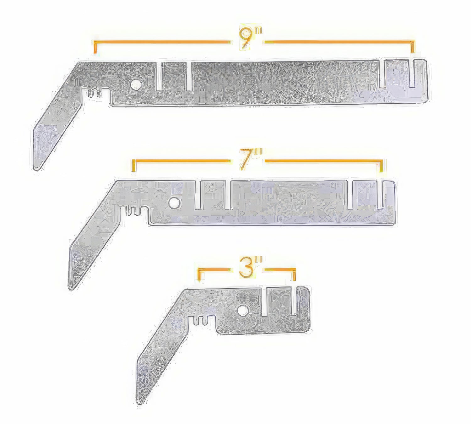 The image shows three metal brackets with a textured finish. Each has notches and holes, and they are labeled with their lengths: 9 inches, 7 inches, and 3 inches respectively.