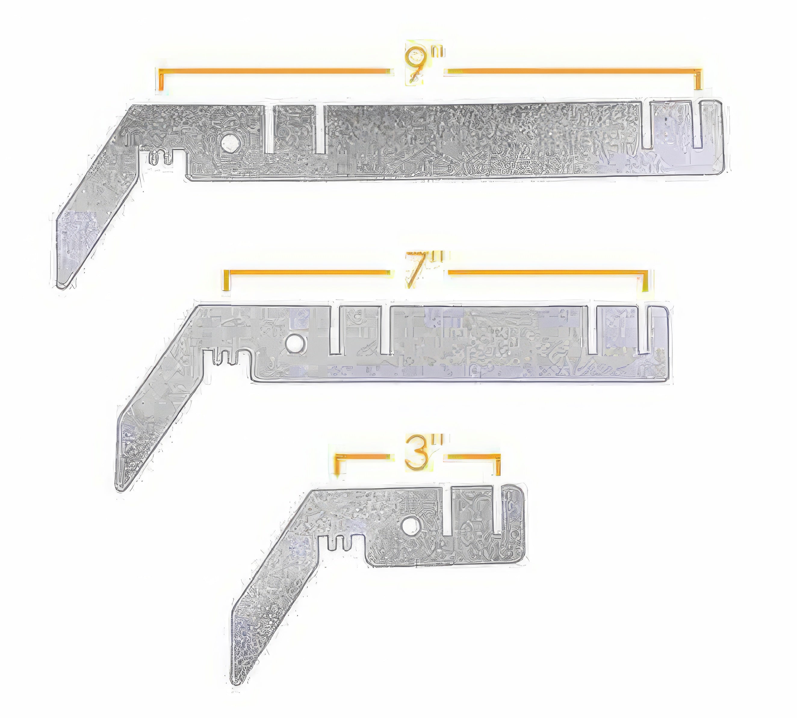 The image shows three metal brackets with different lengths marked by orange lines and gold - colored numbers. The lengths indicated are 9 inches, 7 inches, and 3 inches respectively. These brackets appear to be made of metal with a textured surface, and they have holes and slots, which might be used for connecting or adjusting parts of a structure, possibly related to the backdrop stands or similar equipment shown in previous images.