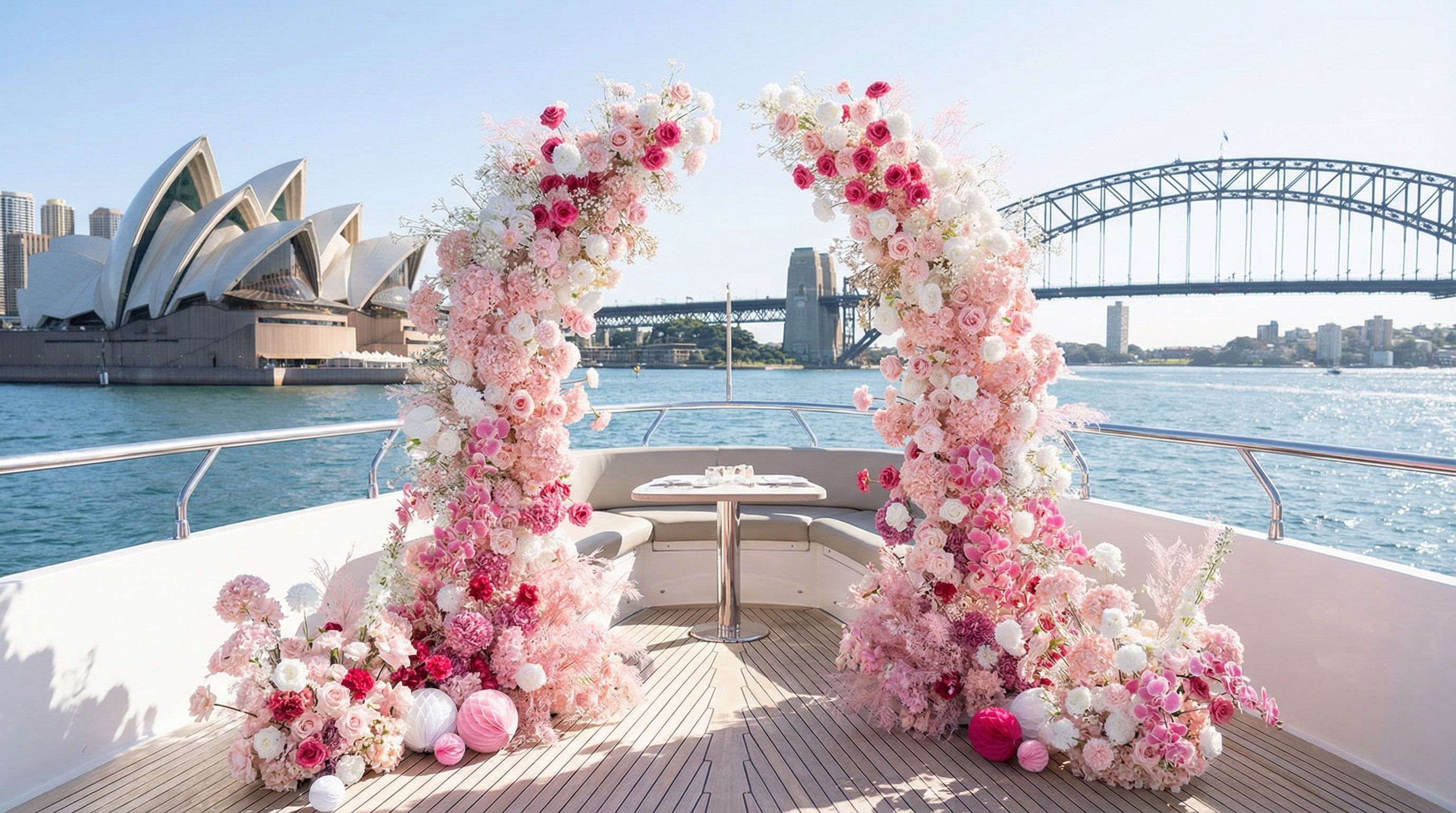 This romantic outdoor floral arch, adorned with a lush gradient of blush pink, deep rose, and white blooms, is set on a luxury yacht with the iconic Sydney Opera House and Harbour Bridge in the background. The arrangement, featuring roses, hydrangeas, and delicate filler flowers, creates a dreamy, three-dimensional texture. Accented with pink and white paper lanterns, it exudes timeless romance, making it the perfect proposal, wedding, or engagement photoshoot focal point.