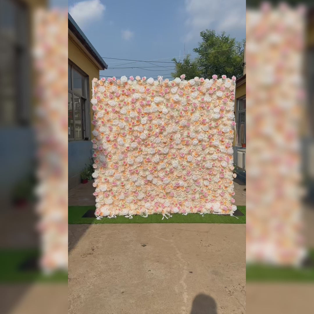 Artificial Floral Backdrop with Mixed Peach Pink and White Roses - Perfect for Garden Weddings and Outdoor Events and Photography - VF - 823