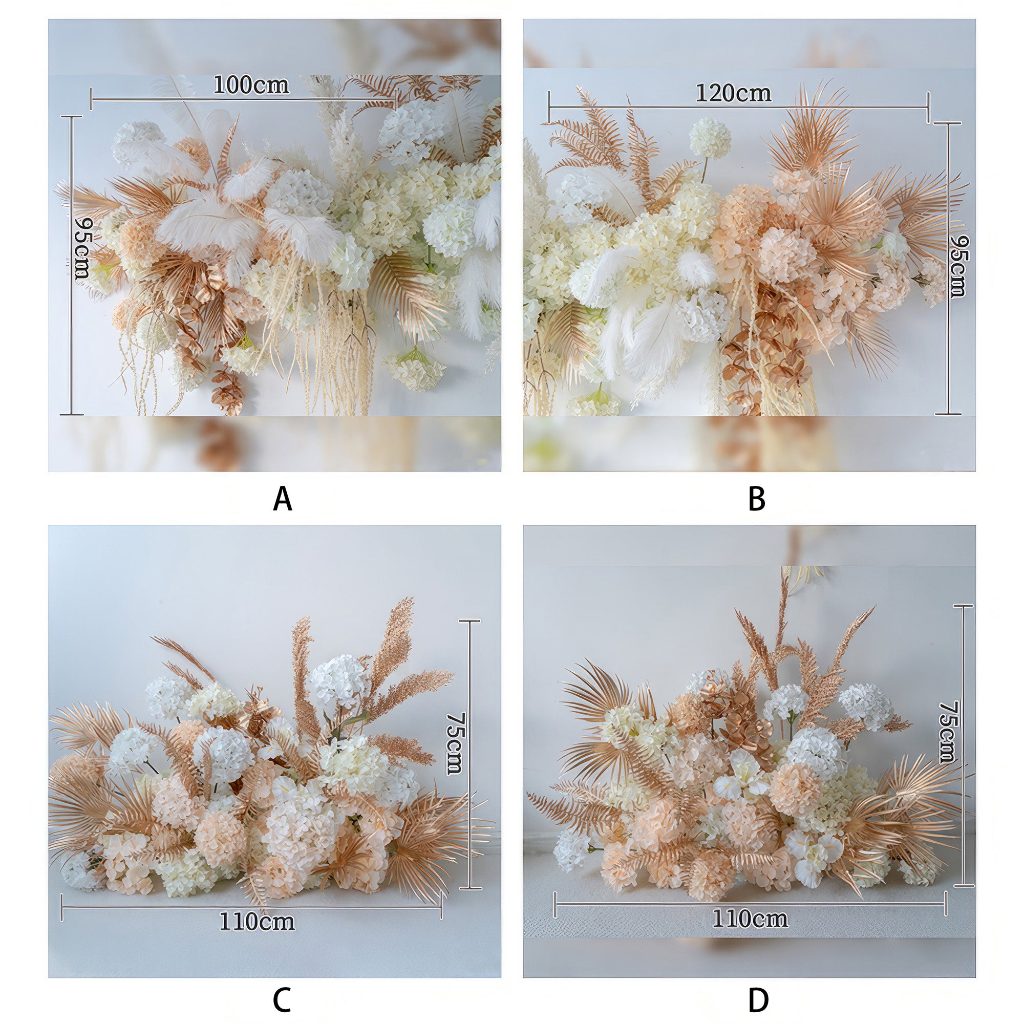 The image presents four artificial flower arrangements with hydrangea - like blooms, palm fronds, and feathers. In hues of white, peach, and gold, they have a luxurious, modern style with dimensions labeled.