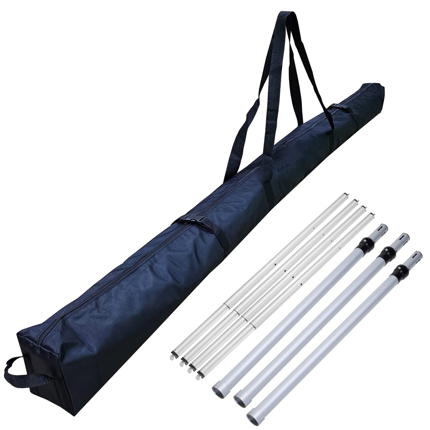 The image features a long, navy - blue carrying bag with handles. Next to it are multiple silver metal poles with black connectors, likely parts of a modular structure, all presented against a white background.