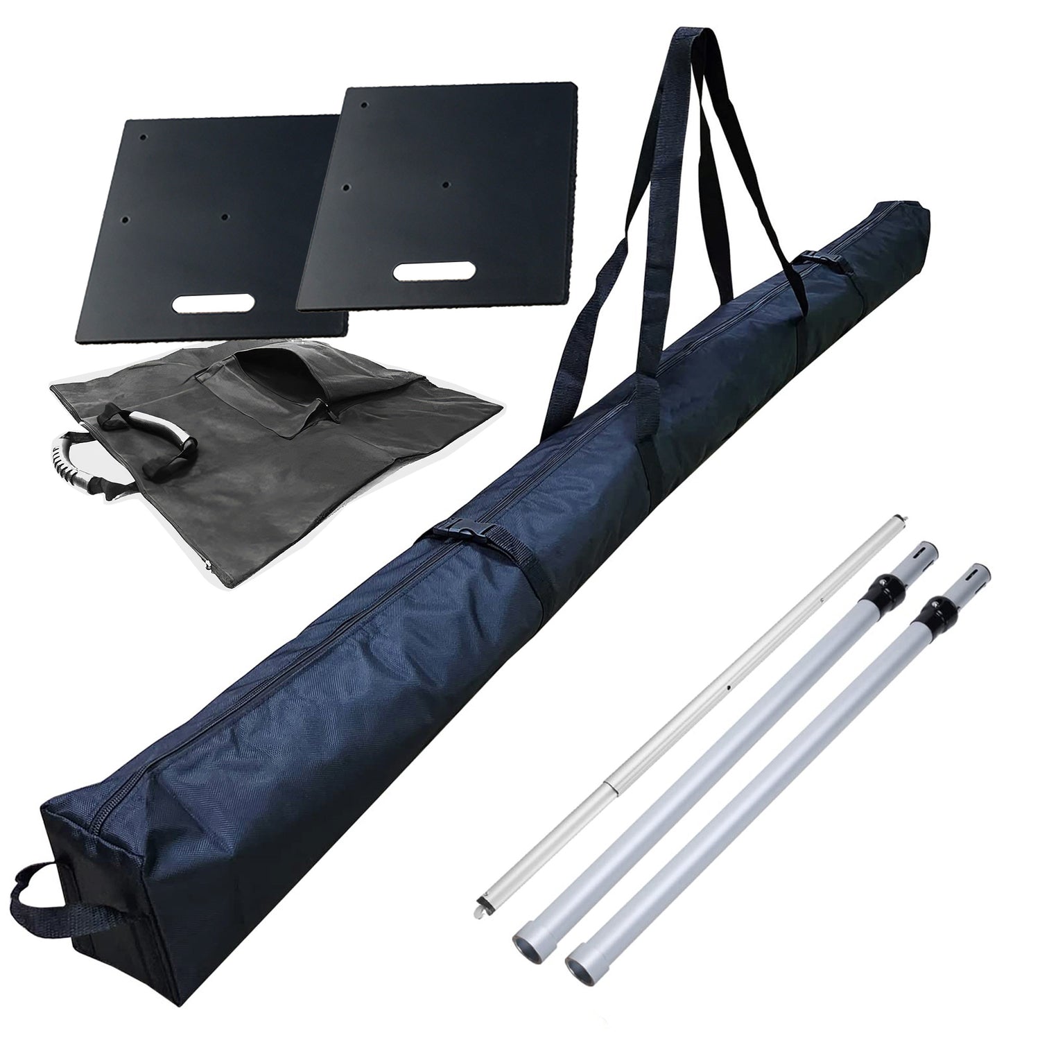 The image shows a set of equipment for an adjustable structure. It includes a long navy - blue carrying bag, two black metal bases, a small accessory bag, and two silver poles with black connectors.