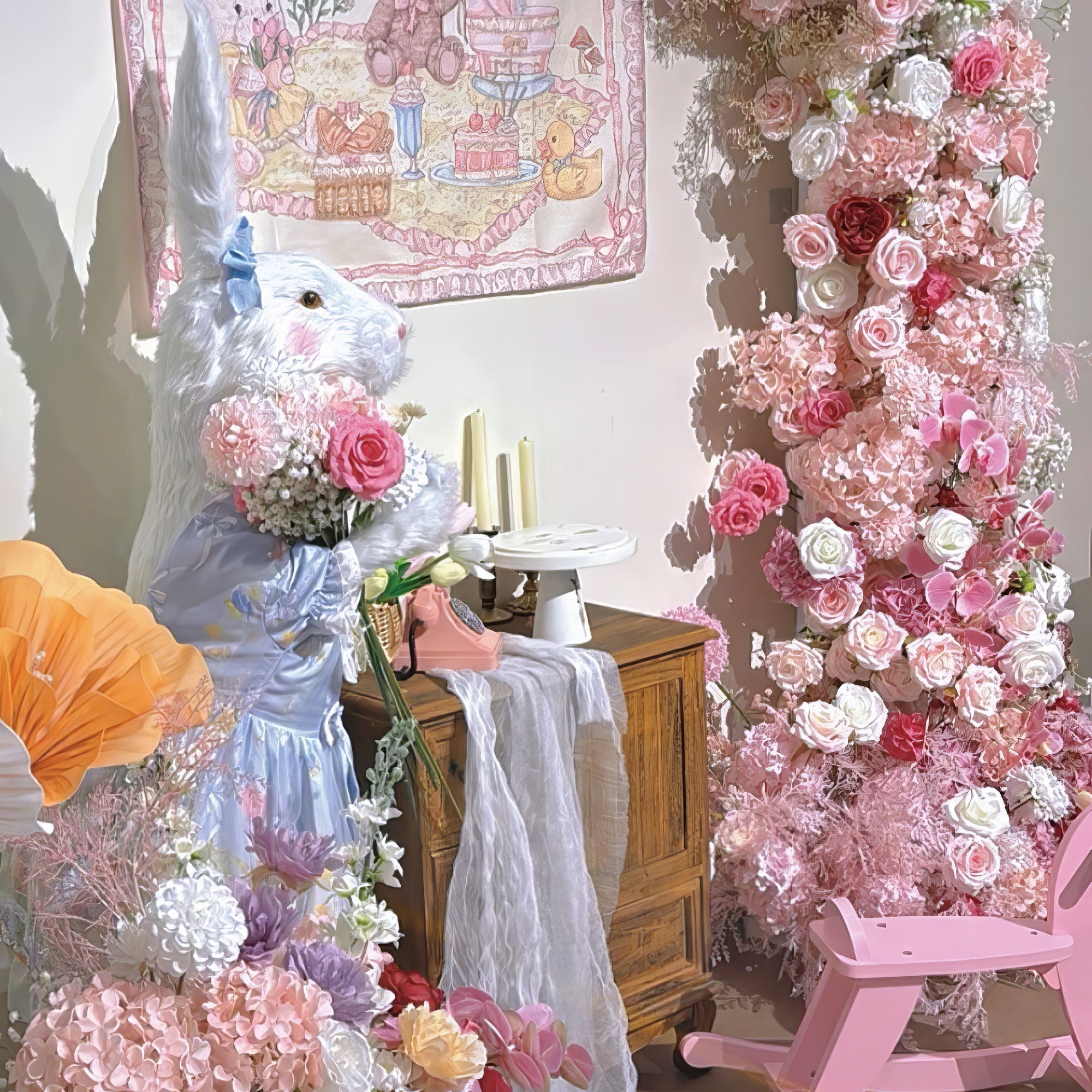 This whimsical, pastel-themed scene features a large, plush white rabbit in a blue dress holding a bouquet of pink and white blooms. The space is enveloped by a lush floral wall and floor arrangement in soft pink, deep rose, and white, with delicate filler flowers and trailing greenery. A vintage pink telephone, white candles, and a pastel tapestry adorn a wooden cabinet, while a pink rocking chair and paper lanterns complete the dreamy, Alice-in-Wonderland-inspired aesthetic, perfect for a playful photosho