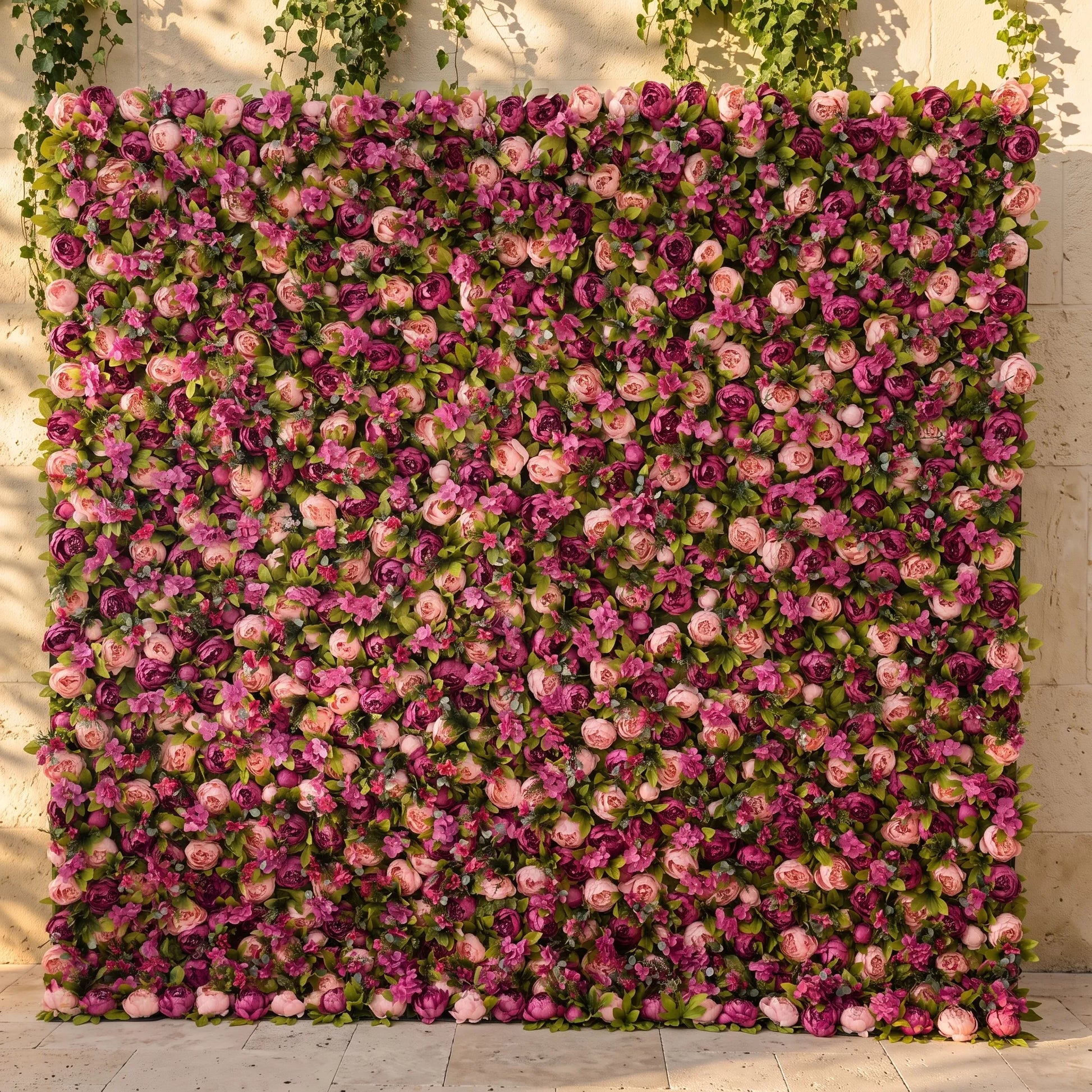 Lush gradient pink artificial flower wall with dense layered blush, magenta, deep plum roses and green foliage, set outdoors against stone walls with trailing ivy overhead. This full-size floral backdrop delivers rich romantic texture, zero maintenance, and reusable design. Perfect for wedding photo booths, bridal showers, boutique decor, and garden event styling, offering eye-catching soft pink tones for Instagram-ready celebration backdrops.