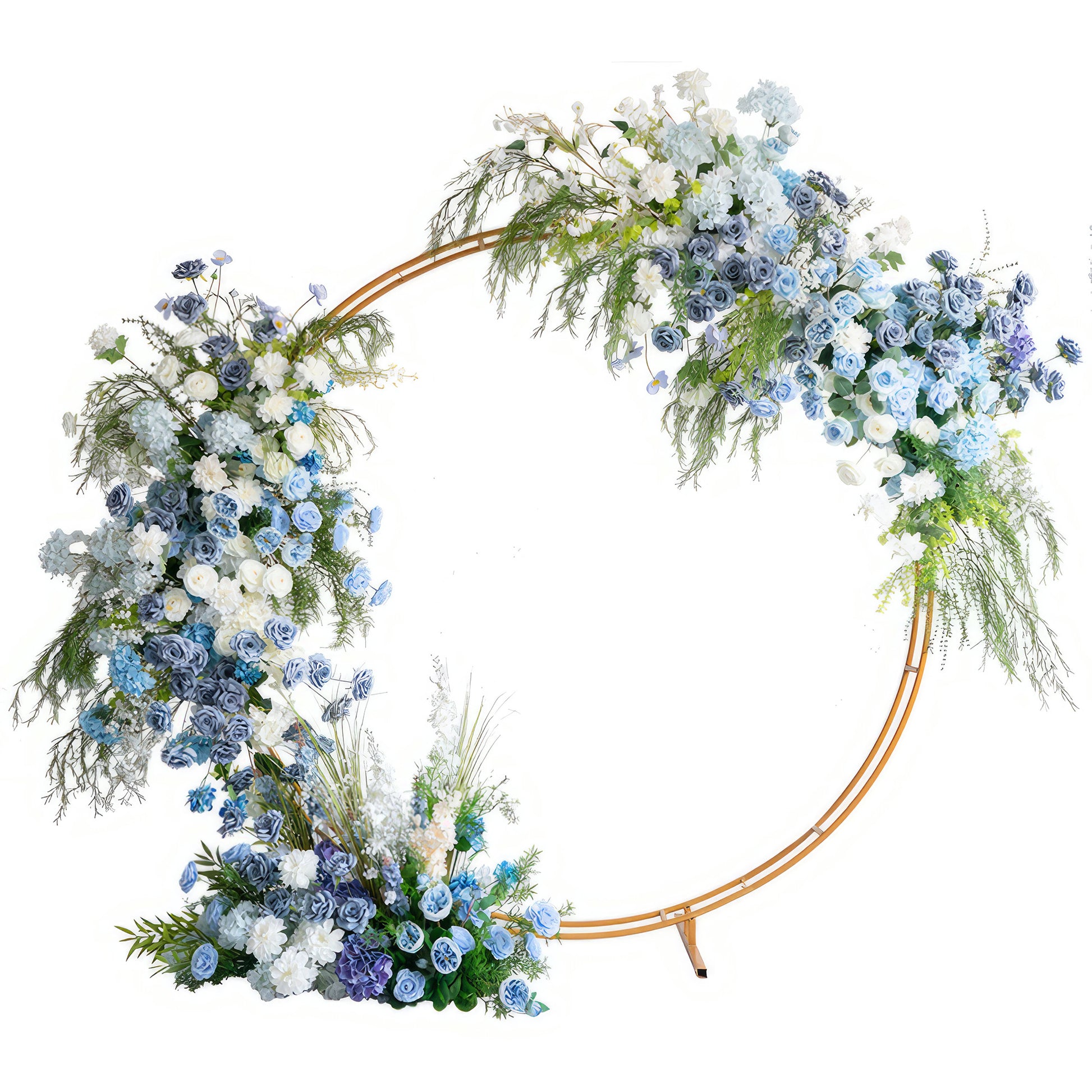 A multicolored artificial flower round arch with a mix of blue, white, and green hues, designed for events and decorations.