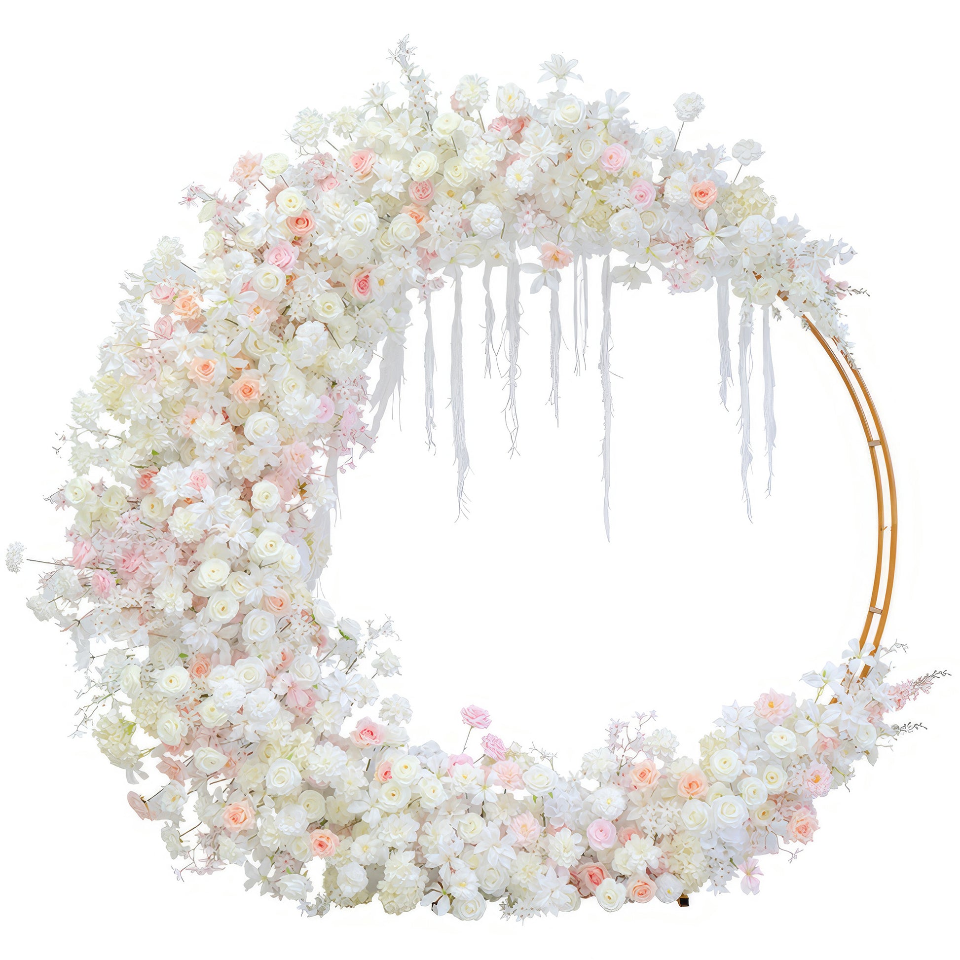The image displays a circular floral arch made of artificial flowers. Colors are mainly white, with touches of light pink and peach. It features roses and small blossoms. The style is delicate and dreamy, ideal for romantic events. 
