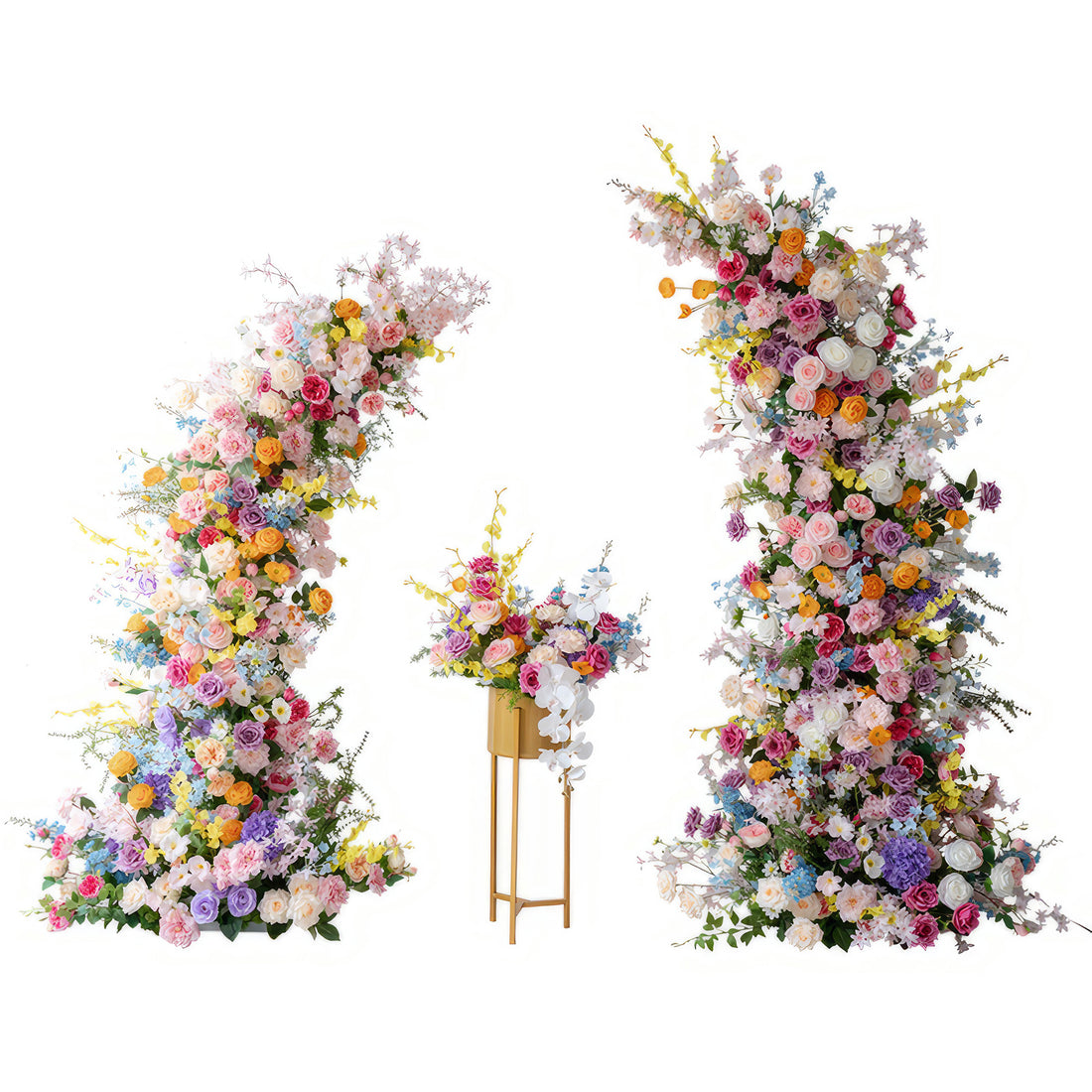 This image shows a vibrant floral setup with two large, curving flower arches and a smaller arrangement on a stand. Colors range from soft pastels like pink and lavender to bright hues such as orange and yellow. It features various flowers like roses and hydrangeas, creating a lively, celebratory style perfect for events like weddings.