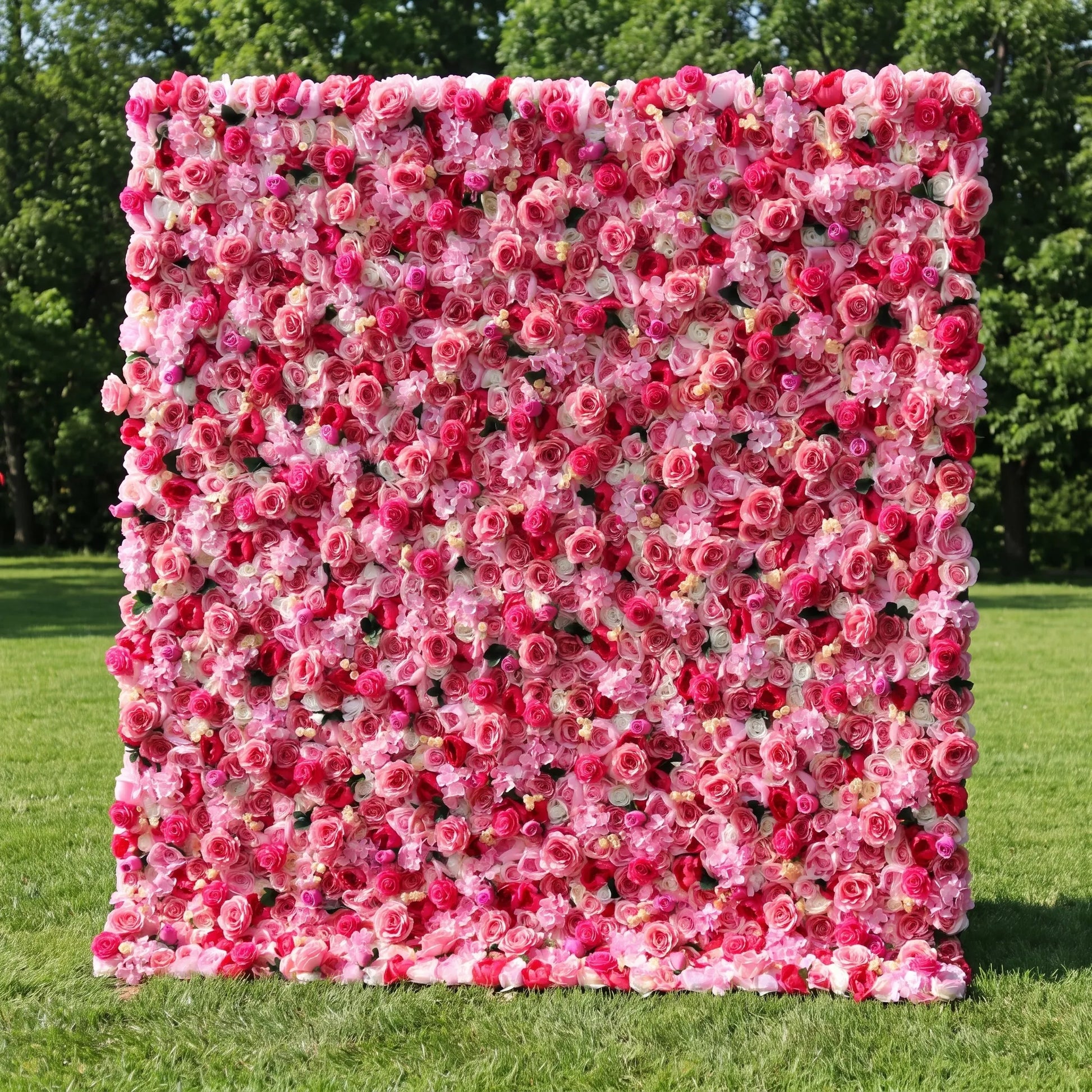 Vibrant full-panel artificial rose flower wall with rich gradient deep burgundy, fuchsia magenta and light pink roses, accented with tiny white filler blossoms and subtle green foliage, displayed on a lush sunlit lawn. This reusable, weather-resistant floral backdrop delivers bold romantic depth, ideal for wedding photo booths, anniversary parties, boutique retail displays and vivid red-pink themed social media content shoots for striking event decor.