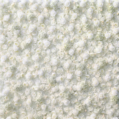 This lush, close-up view showcases a dense, wall-to-wall arrangement of artificial white roses and delicate filler blooms, creating a soft, velvety texture. The uniform, luminous white palette and intricate layering of petals evoke timeless elegance and romance, making it a luxurious backdrop for weddings, engagement photos, or upscale event decor that exudes pure sophistication.
