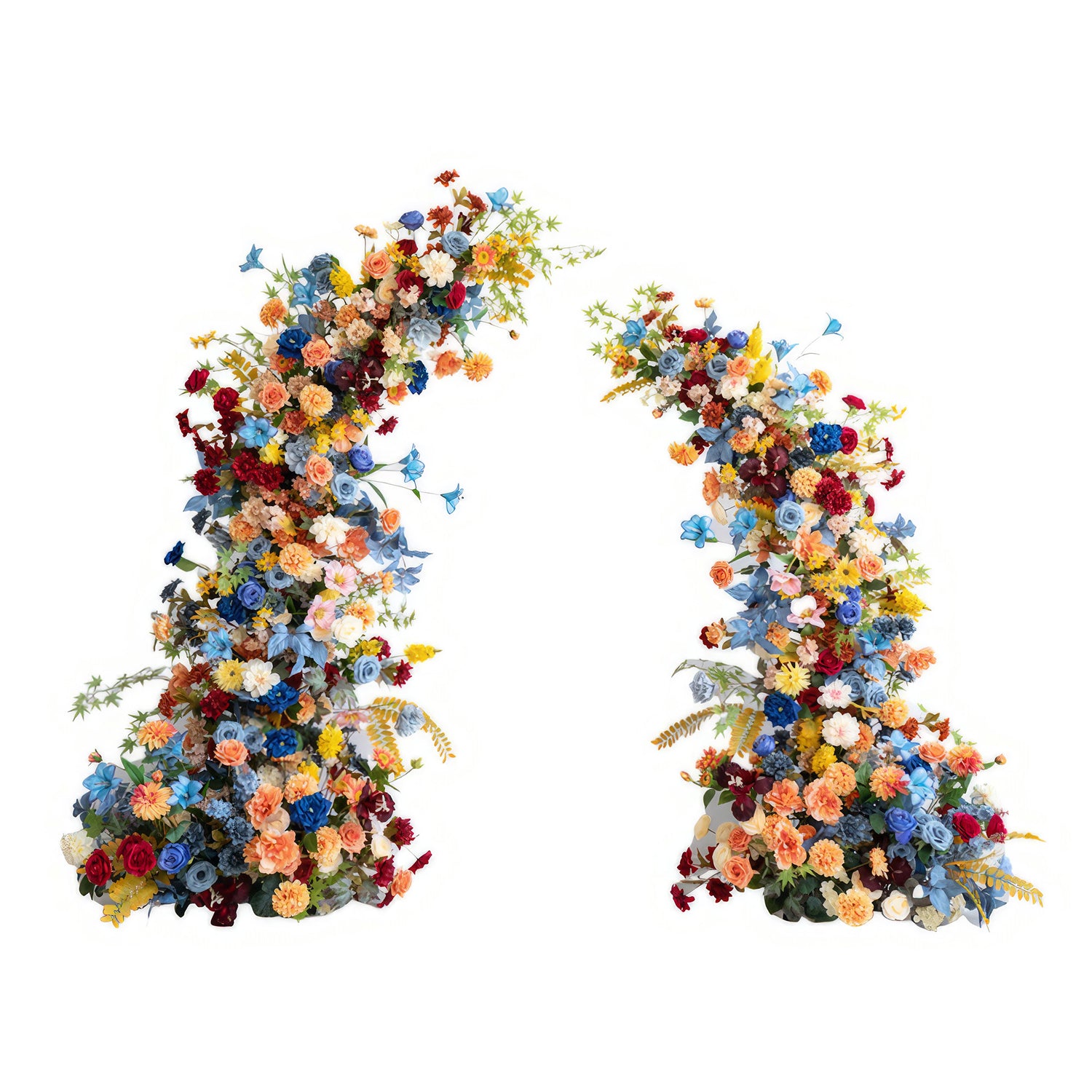 This image shows a pair of floral arches brimming with artificial flowers. Colors include deep red, bright blue, orange, and yellow. Styles range from roses to daisies, creating a vivid, celebratory style. 