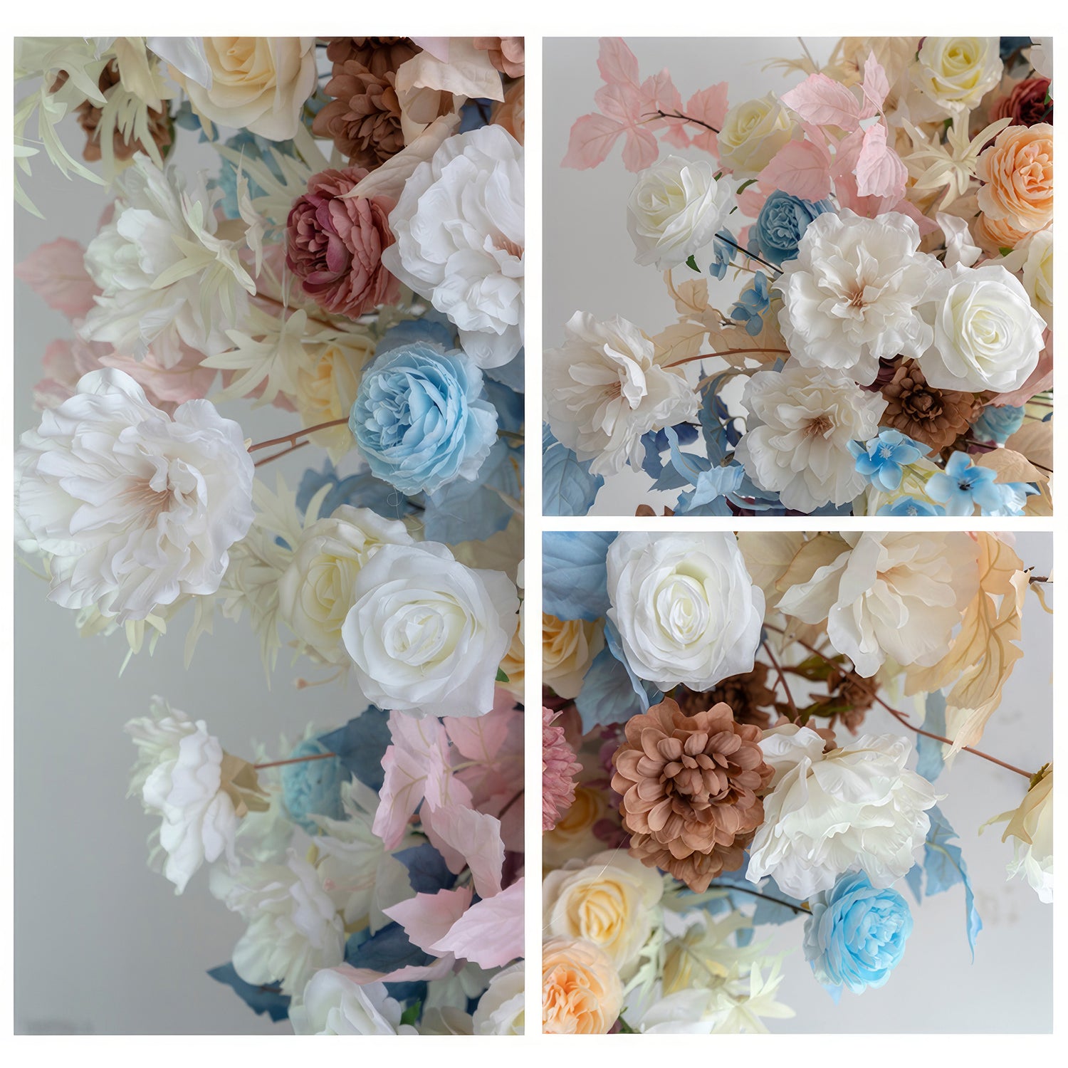 These floral close - ups feature a soft palette of white, pink, blue, and earthy brown. With roses, large - petal blooms, and textured foliage, they exude a gentle, romantic style. Perfect for enhancing wedding arches, event decor, or creating a cozy atmosphere at home. 