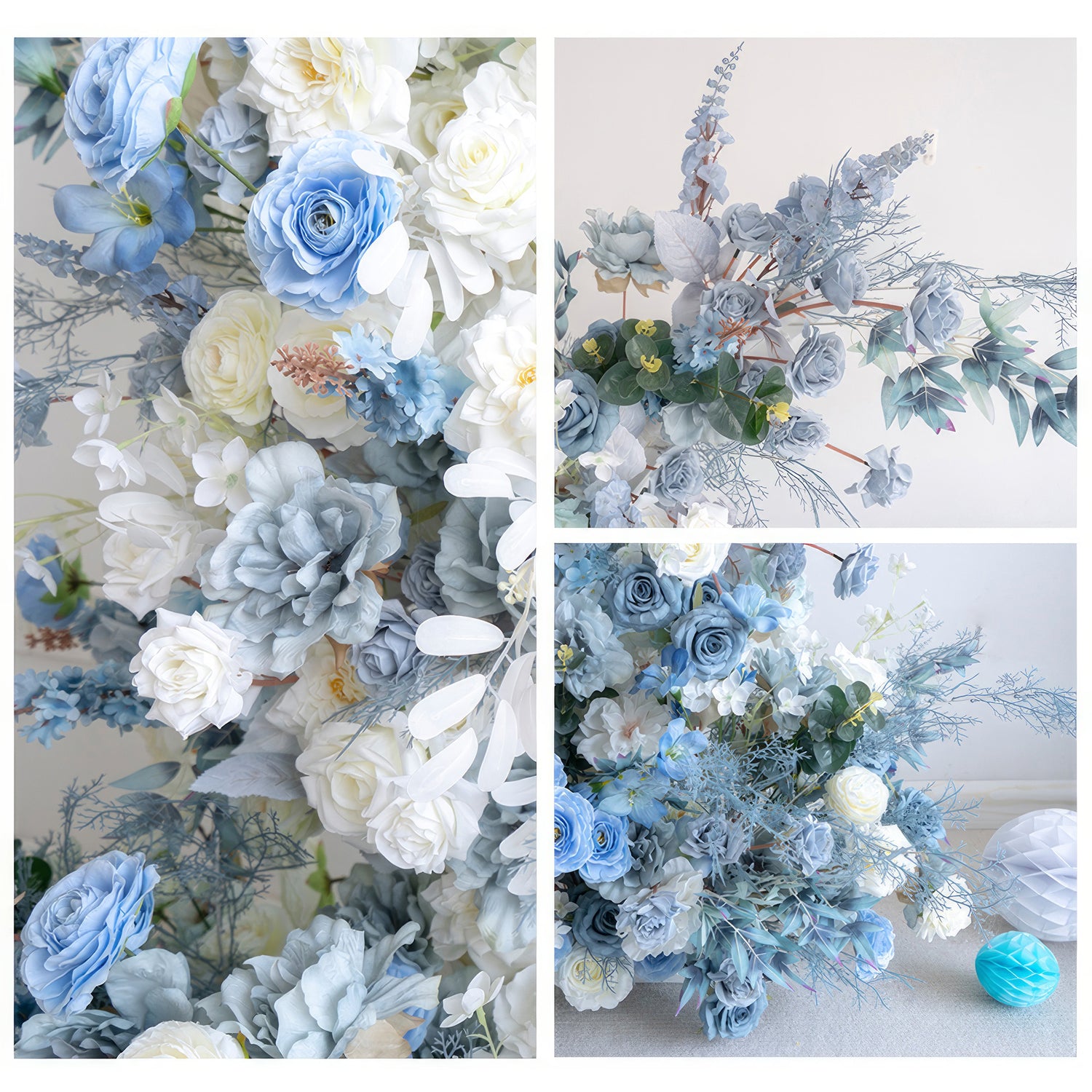 These images display a collection of artificial flower arrangements in a cool blue - and - white color palette. There are white roses and blue - hued blooms like blue roses and large gray - blue flowers. Interspersed with blue foliage, the overall style is elegant, serene, and perfect for a sophisticated event. 