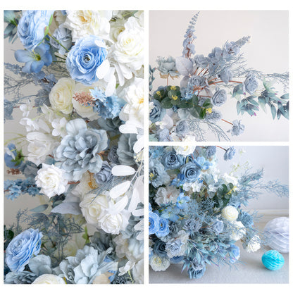 These images display a collection of artificial flower arrangements in a cool blue - and - white color palette. There are white roses and blue - hued blooms like blue roses and large gray - blue flowers. Interspersed with blue foliage, the overall style is elegant, serene, and perfect for a sophisticated event. 