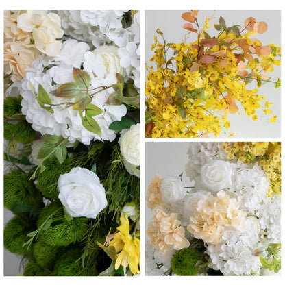 This collage showcases artificial flower arrangements. Colors include white, cream, yellow, and green, with some peach - toned leaves. Flower types are roses, hydrangeas, and small yellow blossoms. The overall style is fresh and elegant, suitable for a wedding or formal event. 