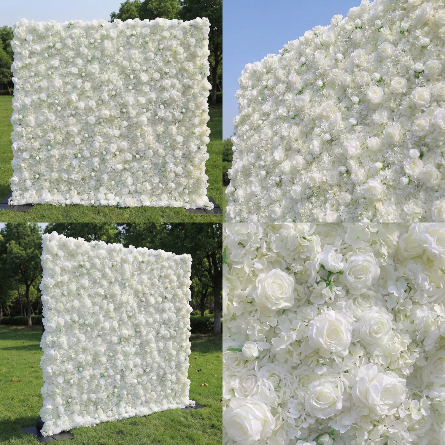 This four-panel collage showcases a collection of elegant, all-white artificial floral backdrops. The top-left and bottom-left panels display full backdrops standing on sunlit green lawns, while the top-right and bottom-right offer close-ups of the lush, layered textures of roses and filler blooms. The pure, monochromatic designs exude timeless sophistication and romance, making them perfect for weddings, photoshoots, and upscale events.