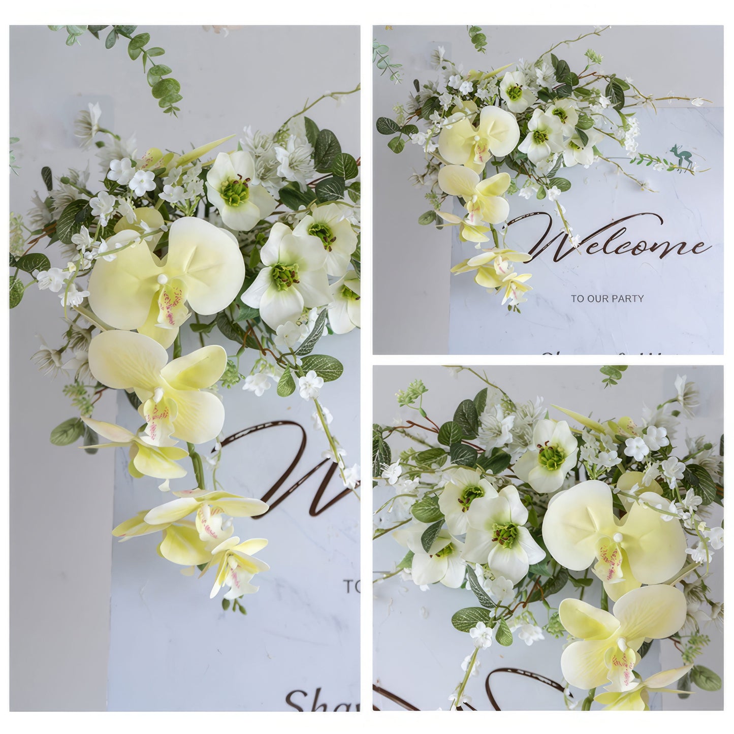 A triptych showcases a delicate floral arrangement from Valar Flowers, featuring creamy yellow phalaenopsis orchids, white blooms, and lush green foliage. The cascading design adorns a marble-patterned "Welcome to Our Party" sign, creating an elegant, fresh aesthetic ideal for weddings, parties, and special event decor.