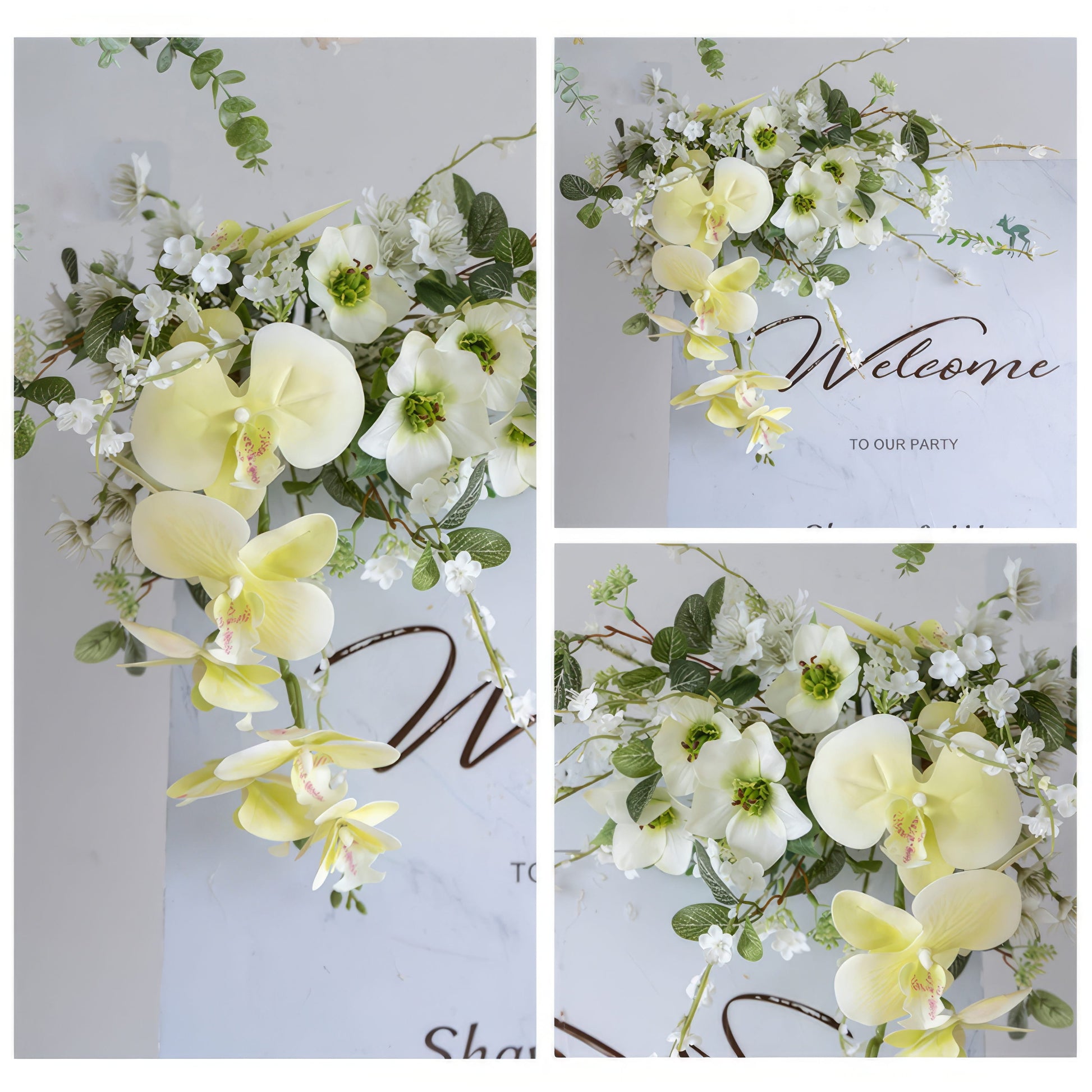 A triptych showcases a delicate floral arrangement from Valar Flowers, featuring creamy yellow phalaenopsis orchids, white blooms, and lush green foliage. The cascading design adorns a marble-patterned "Welcome to Our Party" sign, creating an elegant, fresh aesthetic ideal for weddings, parties, and special event decor.