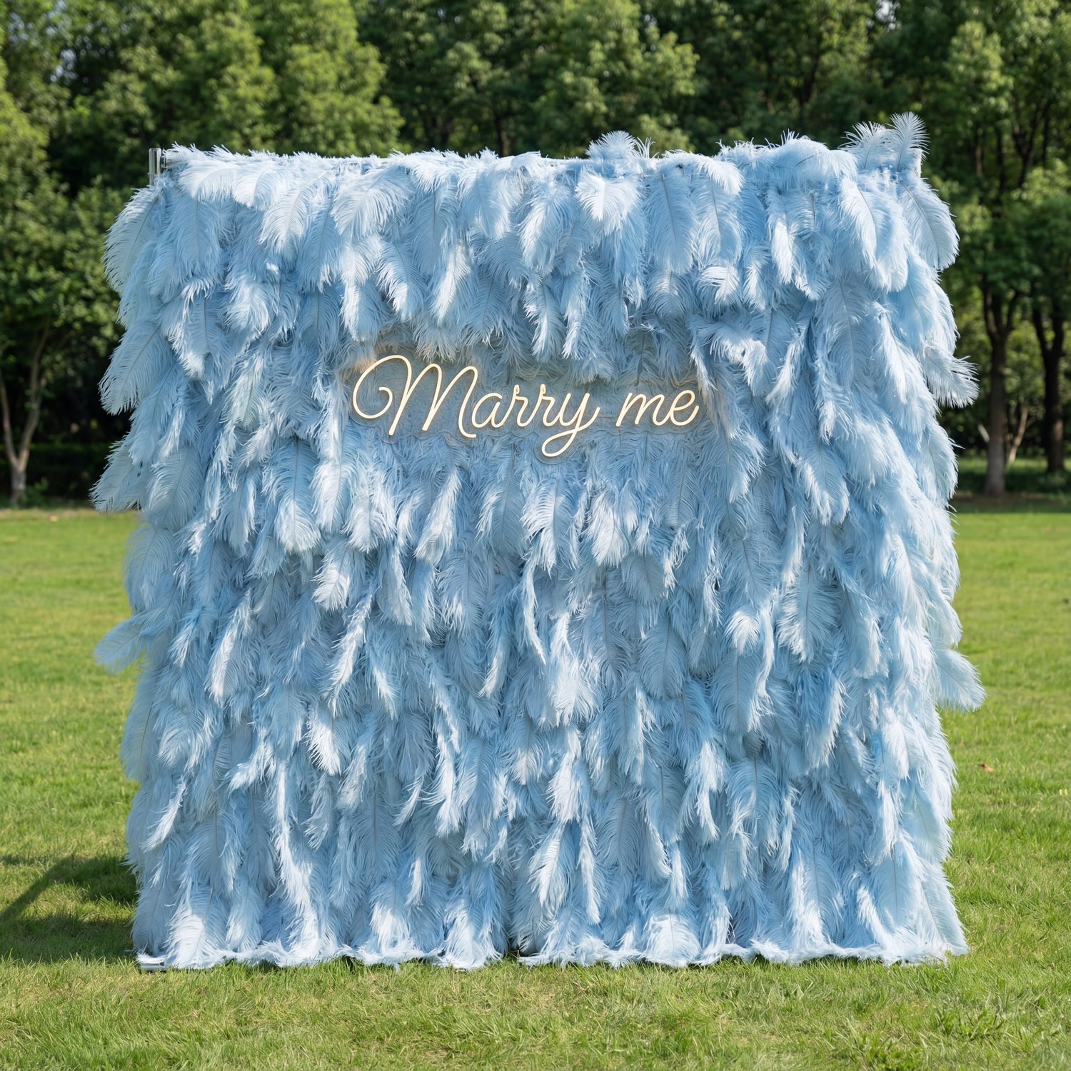 This serene backdrop (set on sunlit grass, tree backdrop) is draped in lush, layered light-blue ostrich feathers, with soft gradients from pale sky-blue to deeper powder-blue. A glowing cursive “Marry me” sign nestles at the center, its gentle light complementing the plush, airy plumage. Natural sunlight enhances the feathery texture’s depth, merging tranquil pastel coolness with heartfelt warmth to create an ethereal, romantic focal point—perfect for delicate proposals or calm outdoor celebrations.