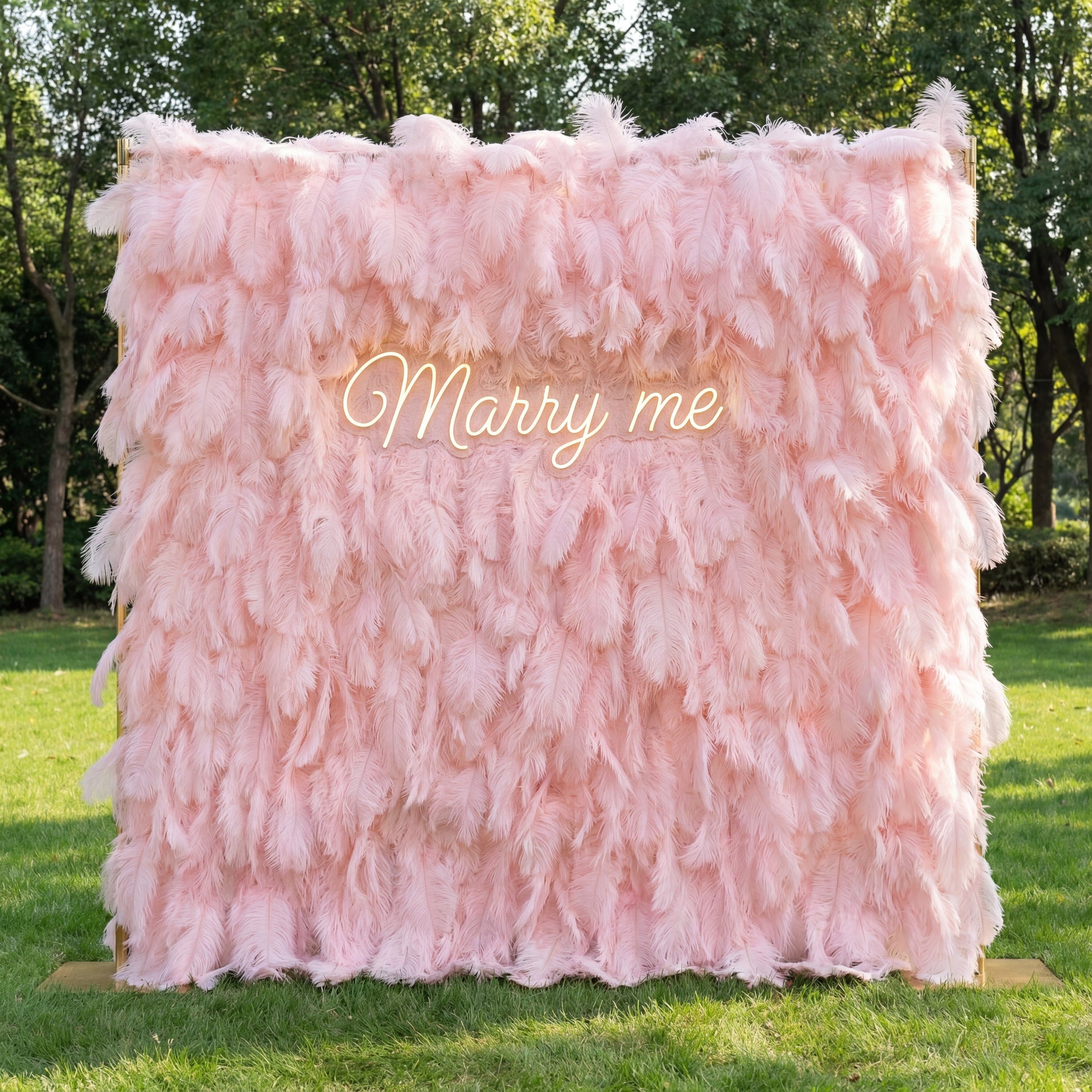 This romantic backdrop (set on sunlit grass, tree backdrop) is draped in plush, layered blush-pink artificial feathers, with subtle gradients from soft pale pink to deeper rose. A glowing cursive “Marry me” sign nestles at the center, casting gentle light against the airy, feathery texture. Natural sunlight enhances the dreamy pastel hues, merging whimsical softness with heartfelt warmth to create an intimate, opulent focal point perfect for proposals or romantic outdoor events.