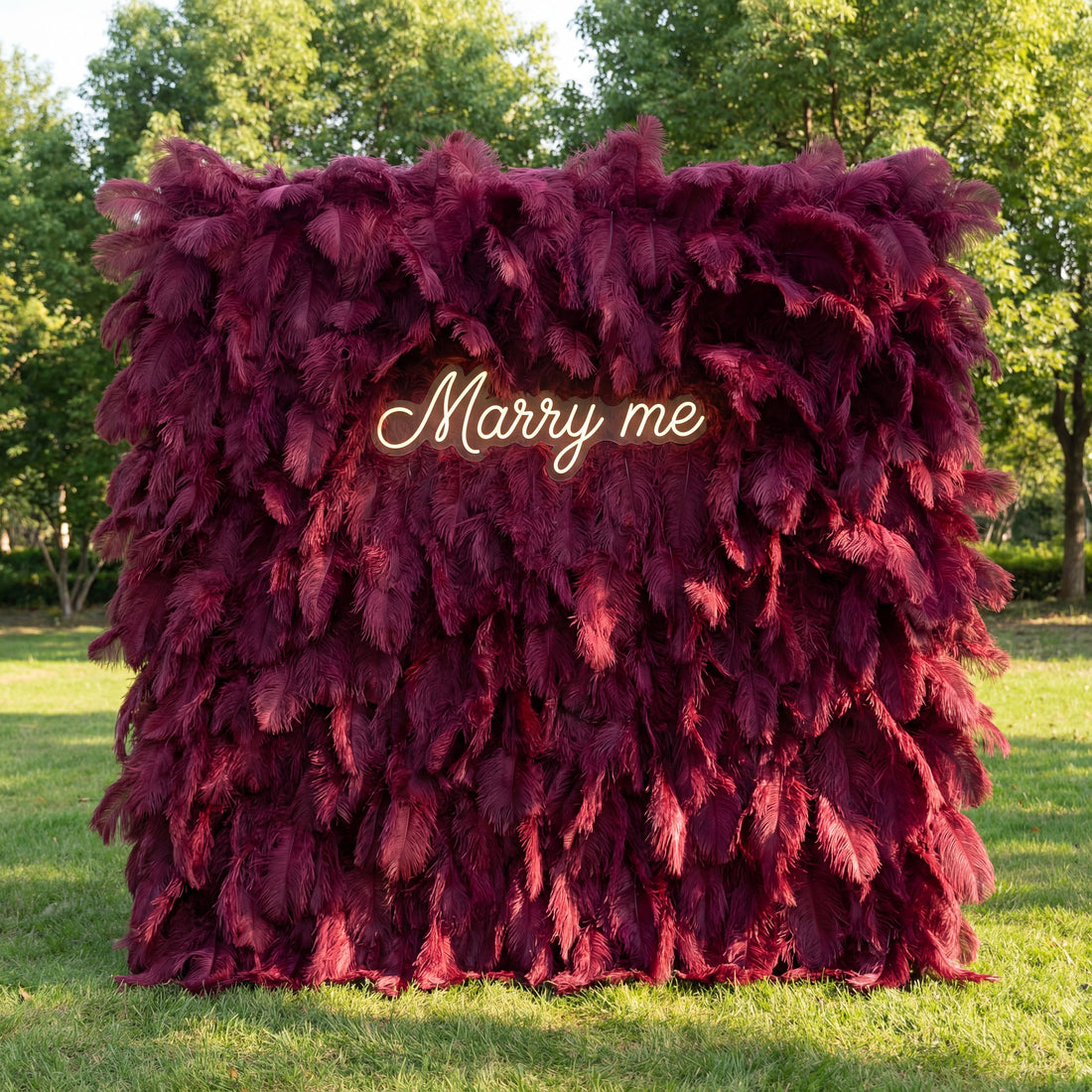 This romantic backdrop (set on sunlit grass, tree backdrop) is draped in lush, layered maroon ostrich feathers, with deep gradients from rich burgundy to velvety wine-red. A glowing cursive “Marry me” sign nestles at the center, its soft light contrasting elegantly with the plush, dramatic plumage. Natural sunlight enhances the feathery texture’s depth, merging regal romance with intimate warmth to create a lavish, heartfelt focal point—ideal for sophisticated proposals or upscale outdoor celebrations.