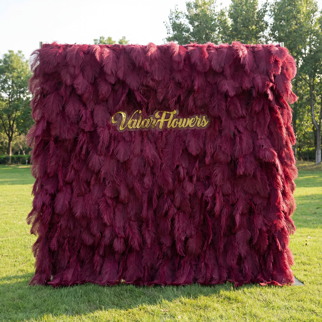 This opulent backdrop (set on sunlit grass, tree backdrop) is draped in lush, layered maroon ostrich feathers, with deep gradients from rich burgundy to velvety wine-red. A polished gold “ValarFlowers” sign glows against the plush, dramatic plumage. Natural sunlight enhances the feathery texture’s depth, merging regal, romantic hues with opulent metallic warmth to create a lavish, sophisticated focal point—ideal for upscale outdoor events or intimate celebrations.