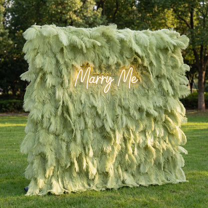This serene backdrop (set on sunlit grass, tree backdrop) is draped in lush, layered pale sage-green ostrich feathers, with soft gradients from minty lime to muted seafoam. A glowing cursive “Marry Me” sign nestles at the center, its gentle light complementing the plush, airy plumage. Natural sunlight enhances the feathery texture’s depth, merging earthy pastel calmness with heartfelt warmth to create an ethereal, romantic focal point—ideal for delicate proposals or tranquil outdoor celebrations.