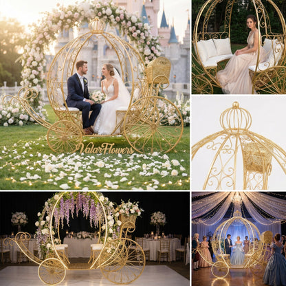 This is a Valar Flowers golden Cinderella carriage prop. It features an ornate, hand-wrought metal frame with a crown-shaped top and plush seating, adaptable for indoor/outdoor use. Adorned with floral accents and paired with fairy-tale backdrops, it creates a romantic, versatile focal point ideal for weddings, photo shoots, and luxury events