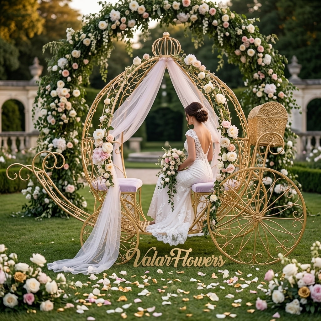 This is a Valar Flowers golden Cinderella carriage. Adorned with blush pink/white roses, eucalyptus, and sheer white drapes, it sits on a lush lawn with a matching floral arch and scattered petals. A bride in a lace gown completes the fairy-tale scene, making it a luxurious focal point for weddings and romantic photo shoots.