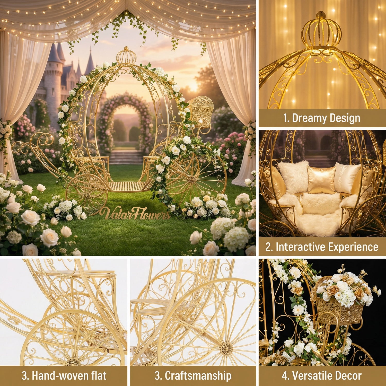 This is a Valar Flowers golden Cinderella carriage prop. It features an ornate, hand-woven metal frame, a crown-shaped top, and plush seating, adorned with blush pink/white roses and eucalyptus. Set against a fairy-tale castle backdrop, it offers a dreamy, interactive decor option ideal for weddings, photo booths, and luxury events.