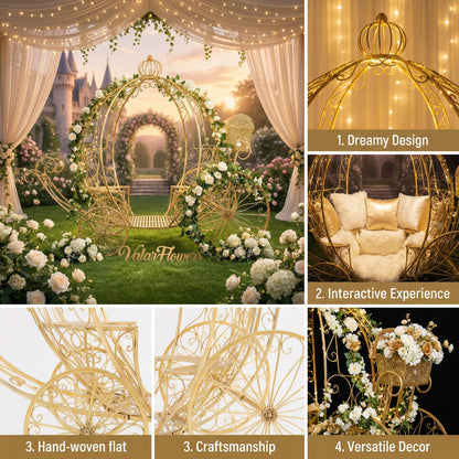 This is a Valar Flowers golden Cinderella carriage prop. It features an ornate, hand-woven metal frame, a crown-shaped top, and plush seating, adorned with blush pink/white roses and eucalyptus. Set against a fairy-tale castle backdrop, it offers a dreamy, interactive decor option ideal for weddings, photo booths, and luxury events.