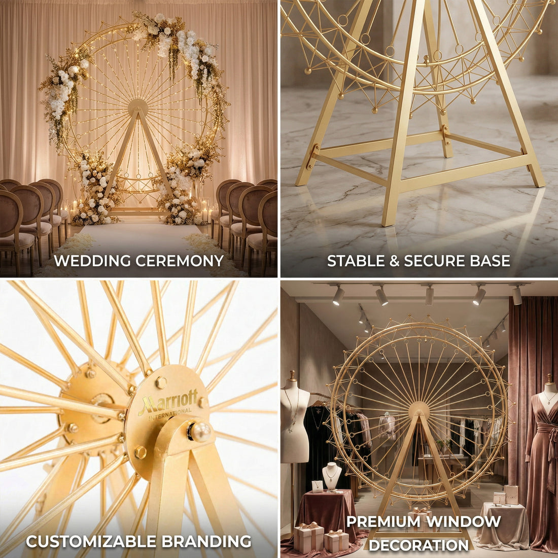 This Valar Flowers golden Ferris wheel decor is a premium, versatile prop crafted from durable metal with a stable, secure base. It features customizable branding options, making it ideal for wedding ceremonies, luxury window displays, and corporate events. Adorned with cascading white and gold floral arrangements, it adds a whimsical, elegant focal point to any setting, seamlessly blending romantic and sophisticated design for unforgettable photo opportunities.