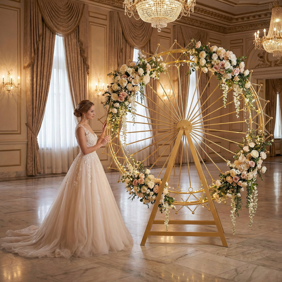 This Valar Flowers golden Ferris wheel decor features an ornate metal frame adorned with cascading blush pink/white roses, eucalyptus, and delicate trailing blooms. Set in a luxurious ballroom, it creates a whimsical, romantic focal point ideal for wedding ceremonies, photo ops, and upscale events.
