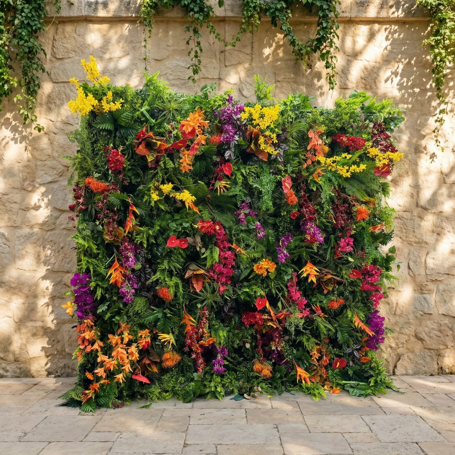 This Valar Flowers tropical flower wall backdrop bursts with vibrant, layered blooms and lush green foliage—featuring fiery orange anthuriums, deep red roses, sunny yellow sprays, rich purple orchids, and ferns. Set against a rustic stone wall, it creates a bold, exotic focal point ideal for tropical weddings, summer parties, and lively photo opportunities, blending natural vibrancy with eye-catching color.