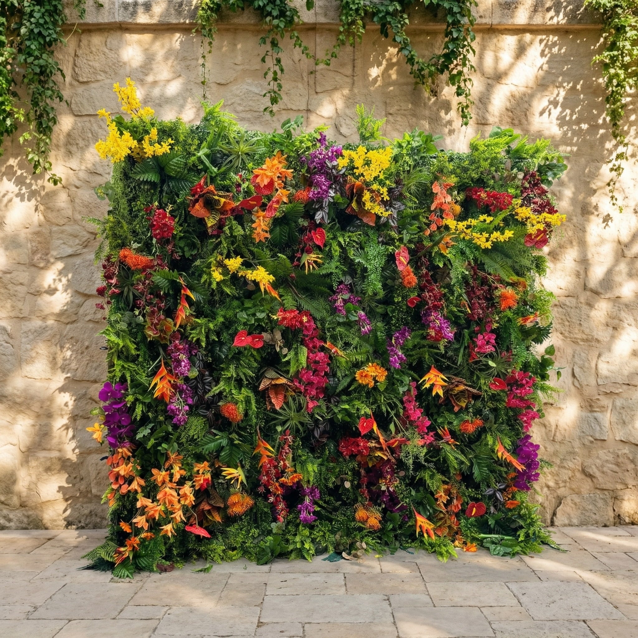This Valar Flowers tropical flower wall backdrop bursts with vibrant, layered blooms and lush green foliage—featuring fiery orange anthuriums, deep red roses, sunny yellow sprays, rich purple orchids, and ferns. Set against a rustic stone wall, it creates a bold, exotic focal point ideal for tropical weddings, summer parties, and lively photo opportunities, blending natural vibrancy with eye-catching color.